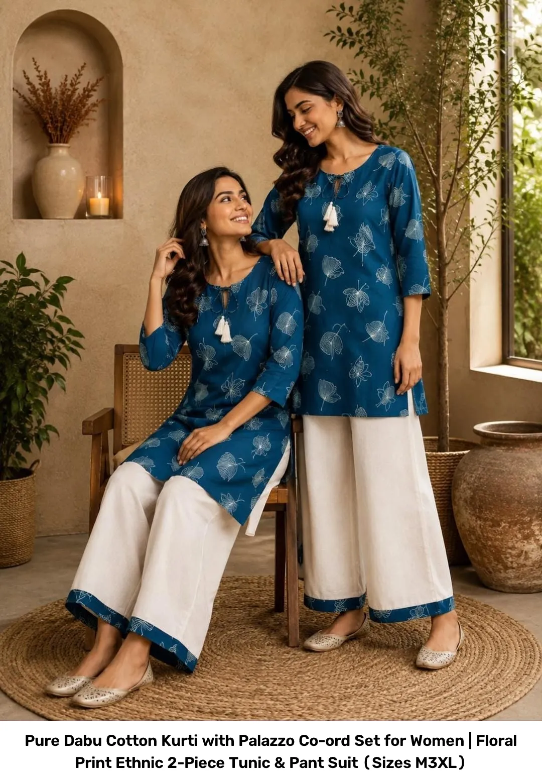 Pure Dabu Cotton Kurti with Palazzo Co-ord Set for Women | Floral Print Ethnic 2-Piece Tunic & Pant Suit (Sizes M–3XL) 8