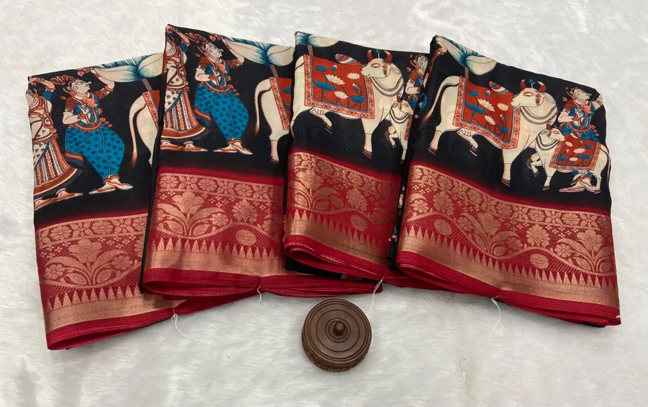 Pure Dola Viscose Kalamkari Pichwai Print Saree with Zari Patta Border & Tassels | Festive Wear