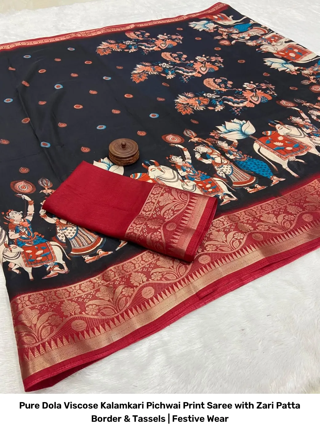 Pure Dola Viscose Kalamkari Pichwai Print Saree with Zari Patta Border & Tassels | Festive Wear 2