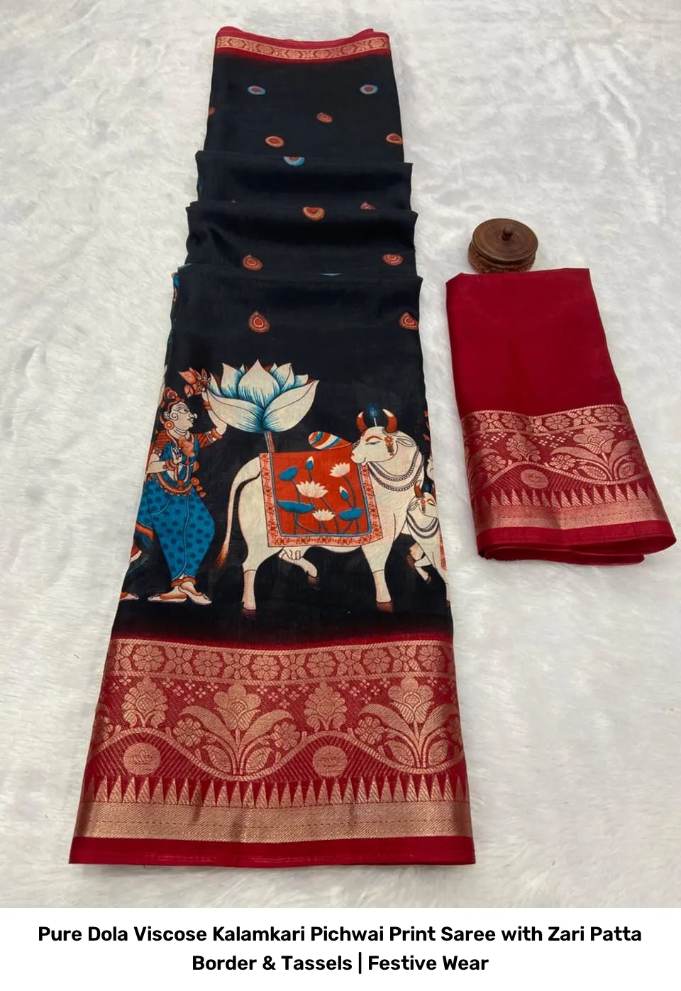 Pure Dola Viscose Kalamkari Pichwai Print Saree with Zari Patta Border & Tassels | Festive Wear 3
