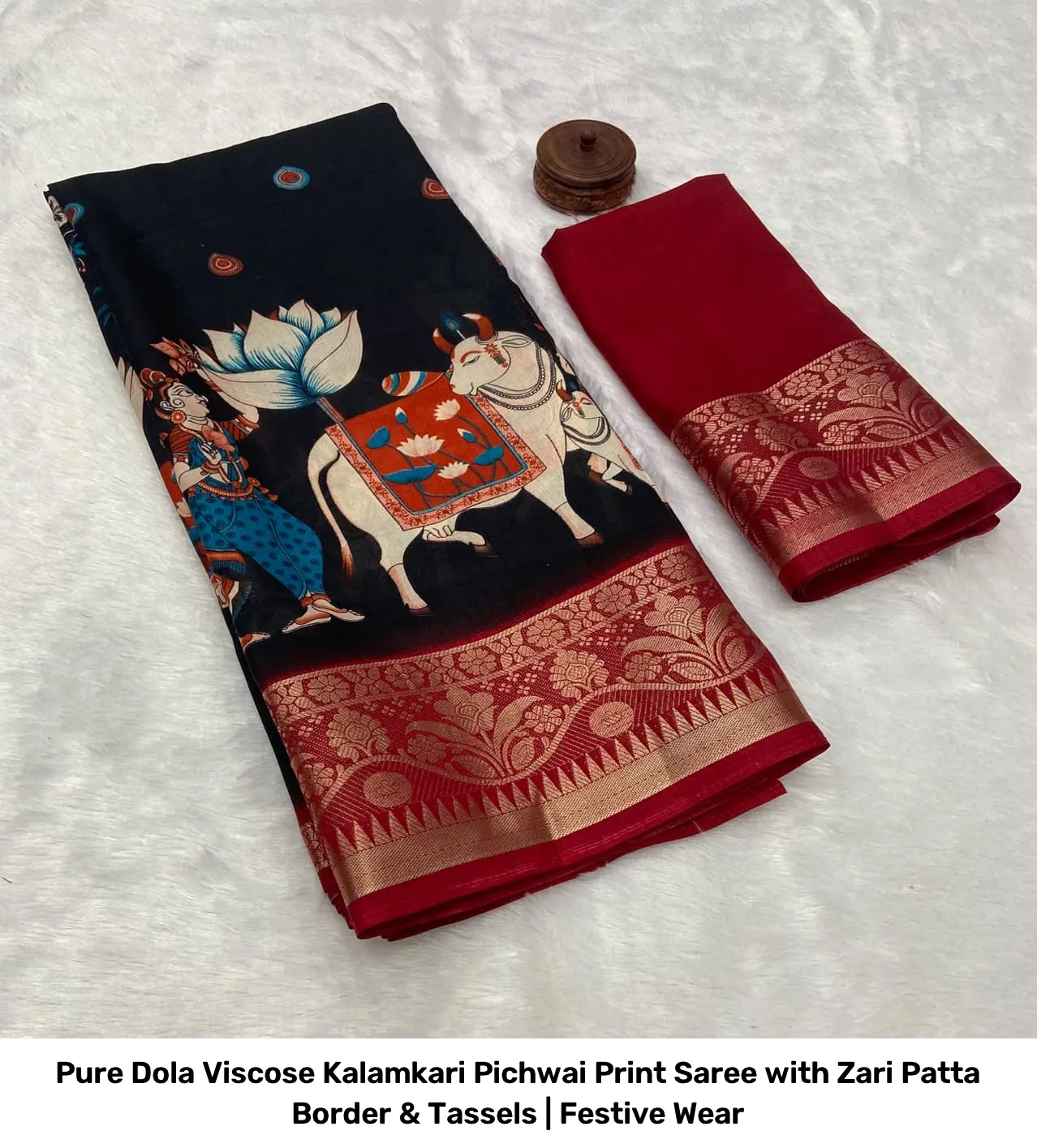 Pure Dola Viscose Kalamkari Pichwai Print Saree with Zari Patta Border & Tassels | Festive Wear 4