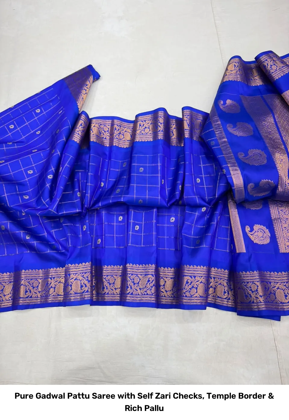 Pure Gadwal Pattu Saree with Self Zari Checks, Temple Border & Rich Pallu 11
