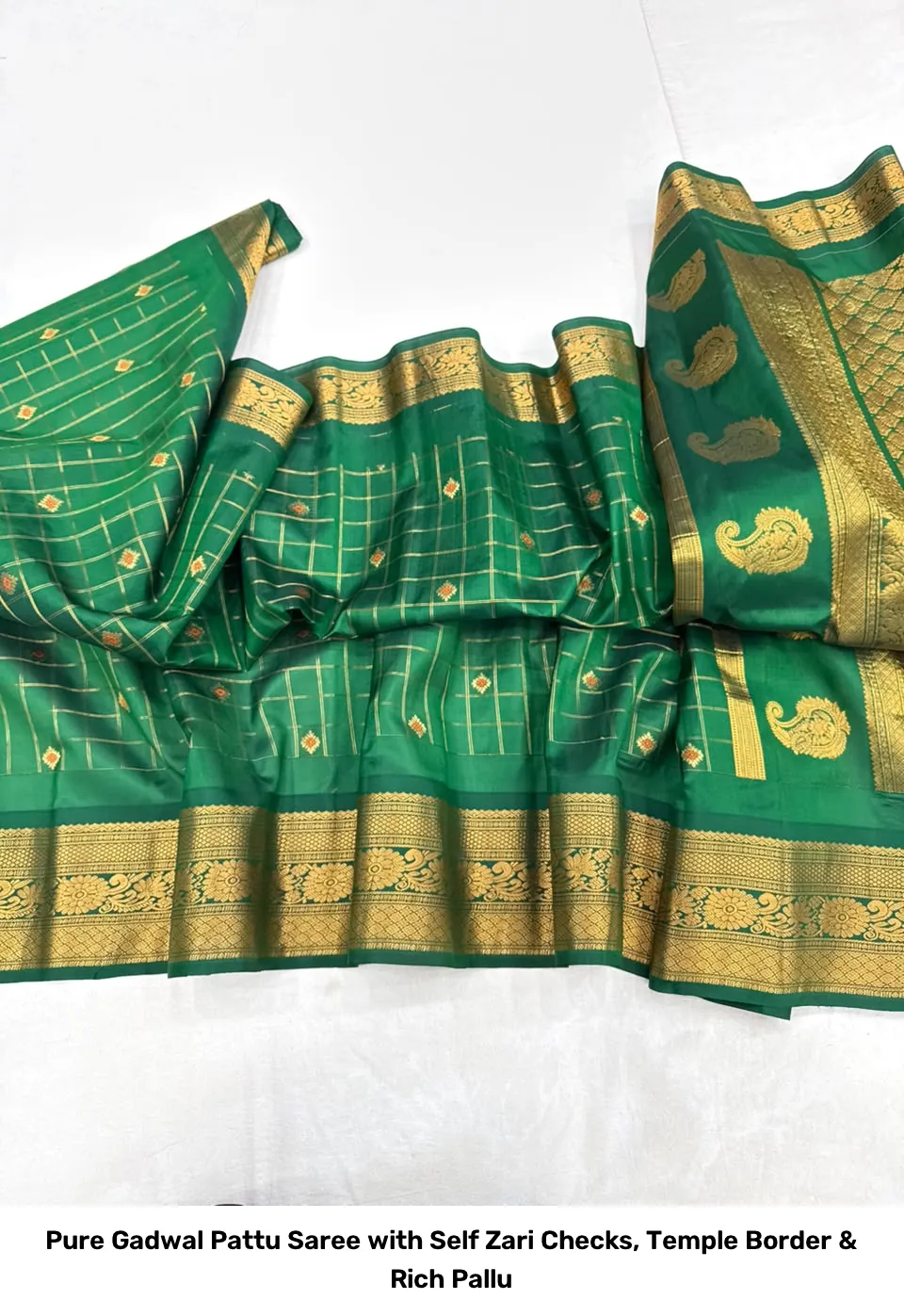 Pure Gadwal Pattu Saree with Self Zari Checks, Temple Border & Rich Pallu 13