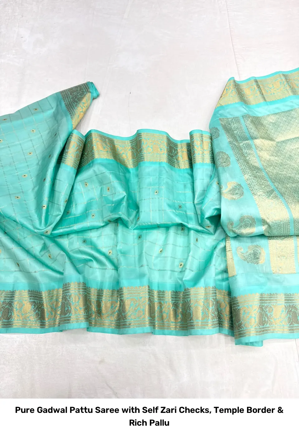 Pure Gadwal Pattu Saree with Self Zari Checks, Temple Border & Rich Pallu 16