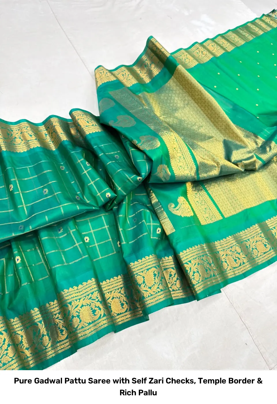 Pure Gadwal Pattu Saree with Self Zari Checks, Temple Border & Rich Pallu 17
