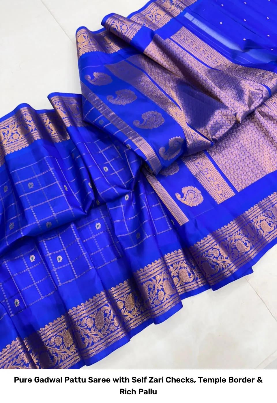 Pure Gadwal Pattu Saree with Self Zari Checks, Temple Border & Rich Pallu 19