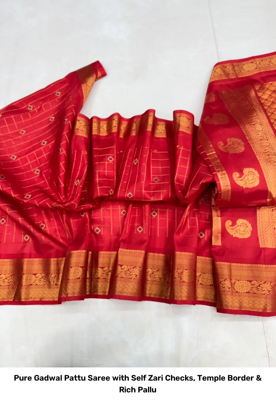 Pure Gadwal Pattu Saree with Self Zari Checks, Temple Border & Rich Pallu 2