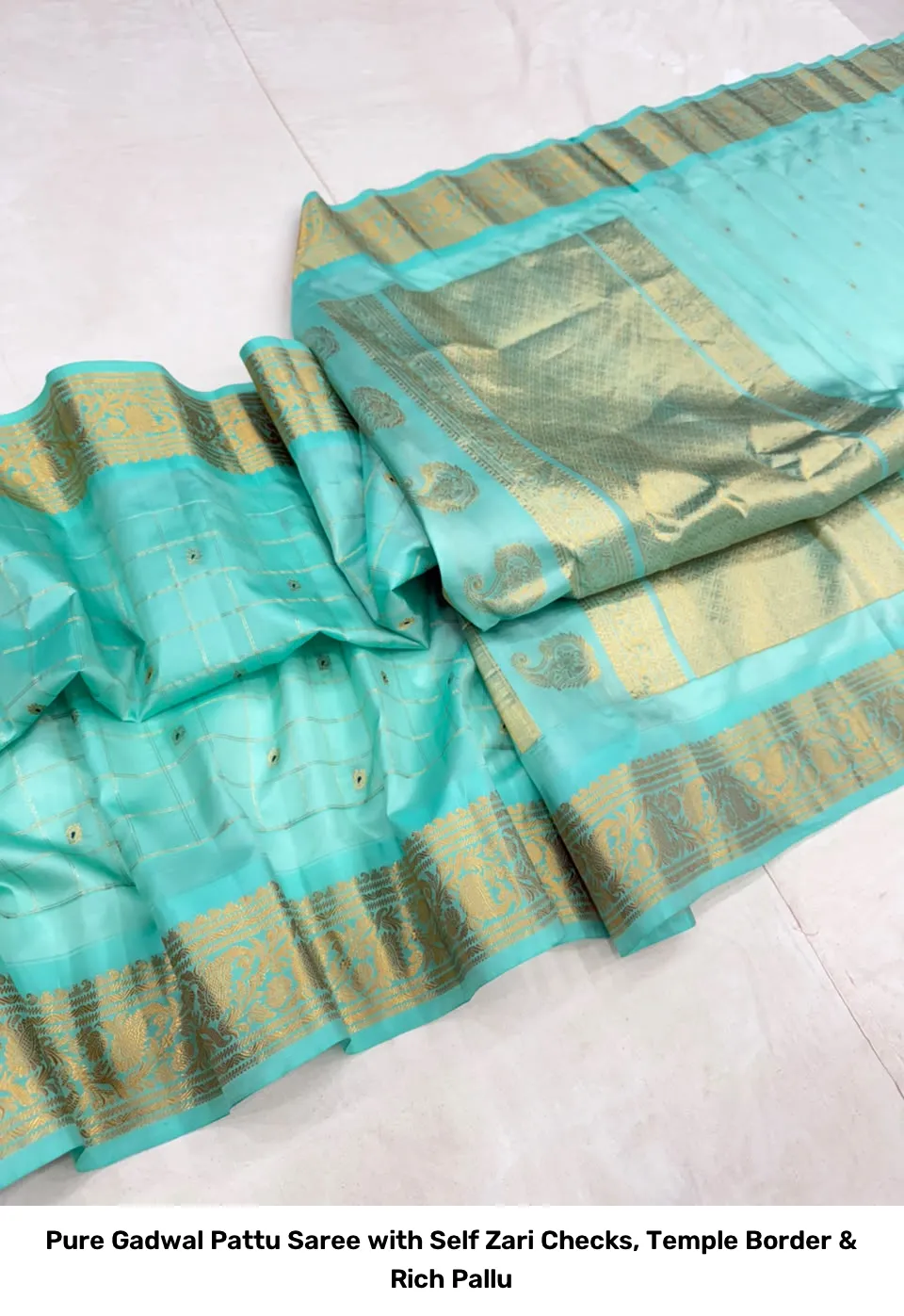 Pure Gadwal Pattu Saree with Self Zari Checks, Temple Border & Rich Pallu 3