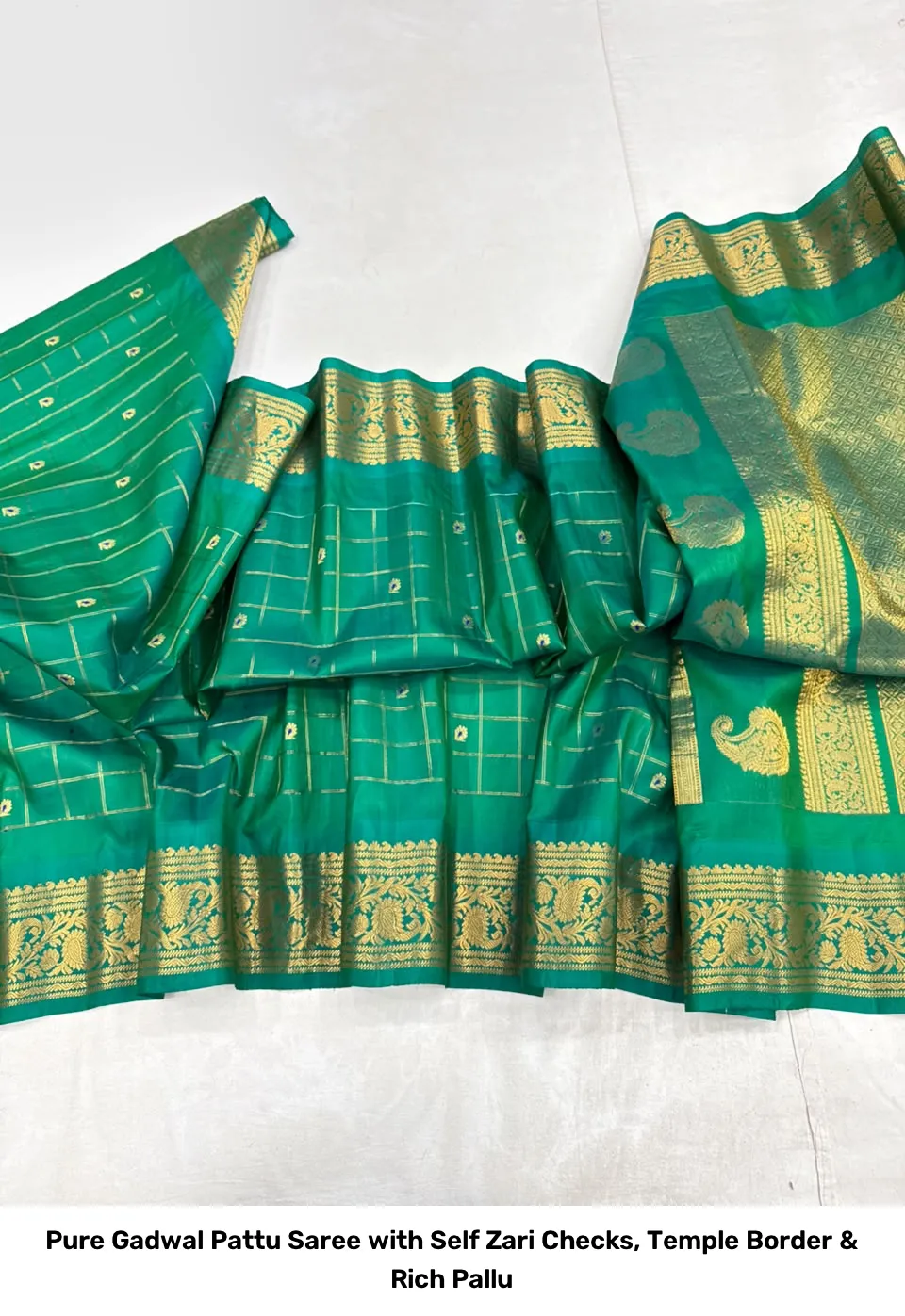 Pure Gadwal Pattu Saree with Self Zari Checks, Temple Border & Rich Pallu 6