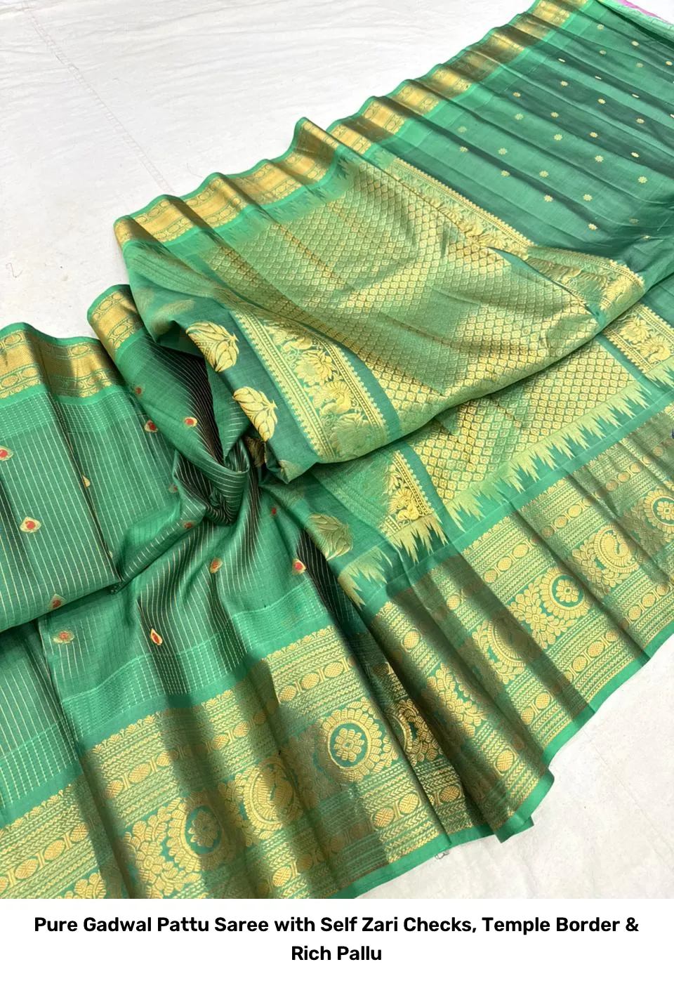 Pure Gadwal Pattu Saree with Self Zari Checks, Temple Border & Rich Pallu 9
