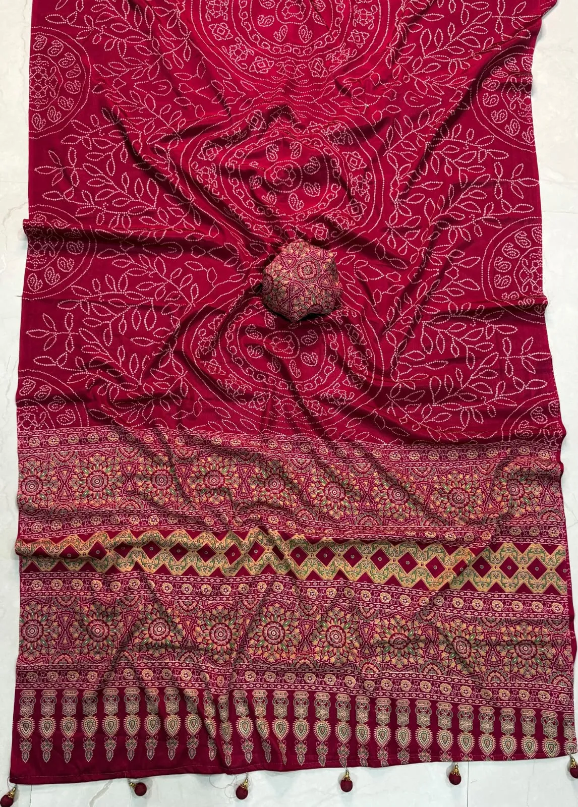 Pure Gajji Crepe Silk Ajrakh Saree with Mandala Bandhani Print & Tassel Pallu | Lightweight Ethnic Saree with Designer Blouse Piece