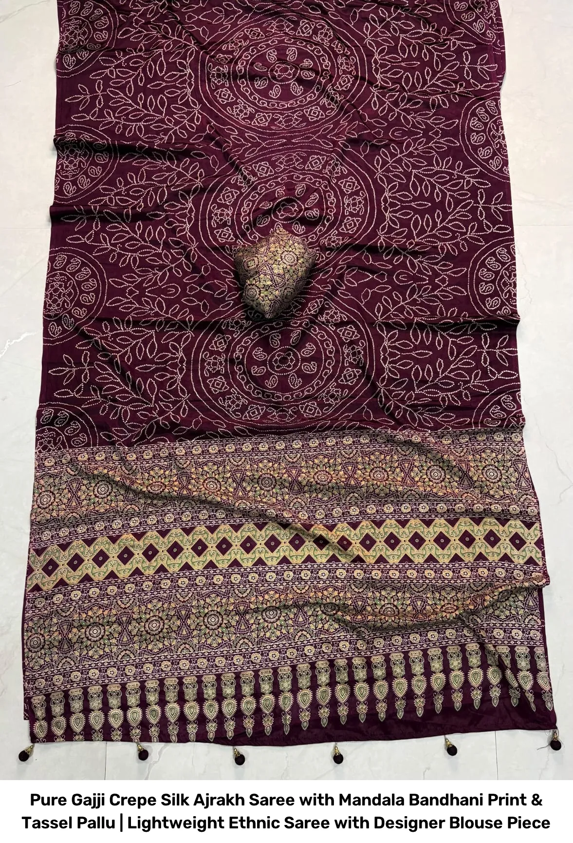 Pure Gajji Crepe Silk Ajrakh Saree with Mandala Bandhani Print & Tassel Pallu | Lightweight Ethnic Saree with Designer Blouse Piece 2