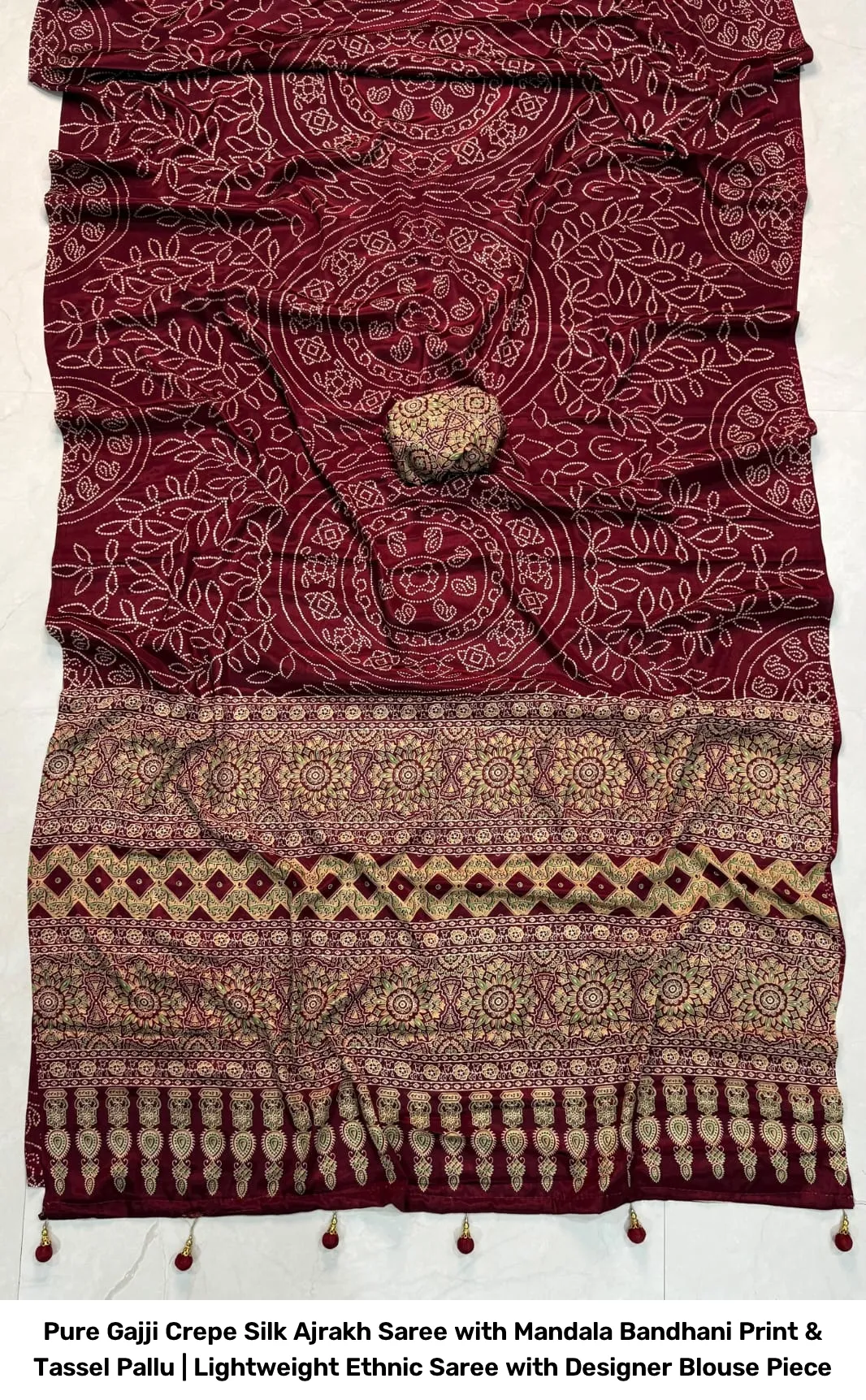 Pure Gajji Crepe Silk Ajrakh Saree with Mandala Bandhani Print & Tassel Pallu | Lightweight Ethnic Saree with Designer Blouse Piece 3