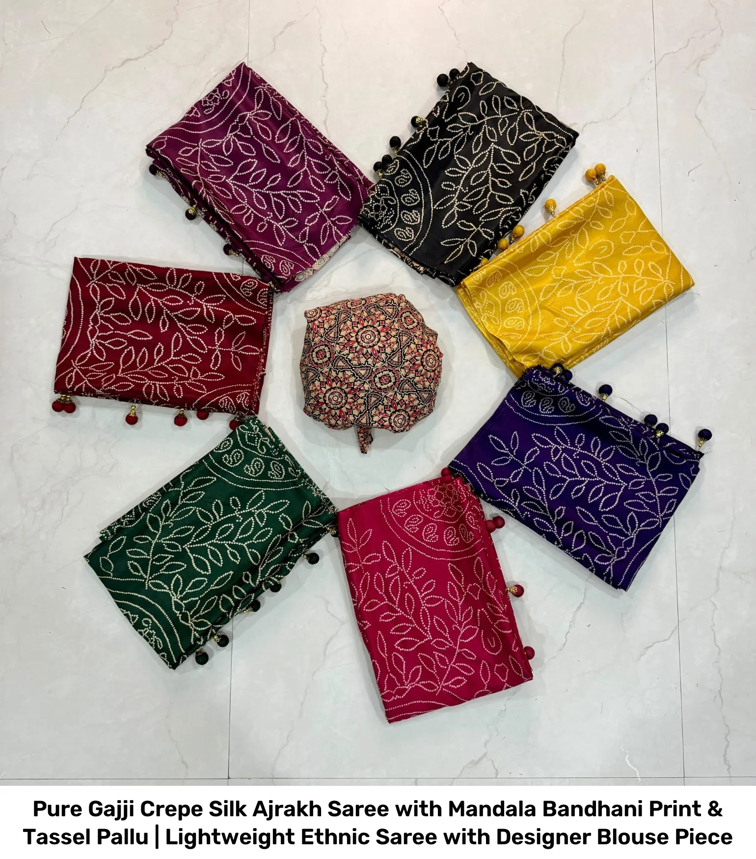 Pure Gajji Crepe Silk Ajrakh Saree with Mandala Bandhani Print & Tassel Pallu | Lightweight Ethnic Saree with Designer Blouse Piece 6