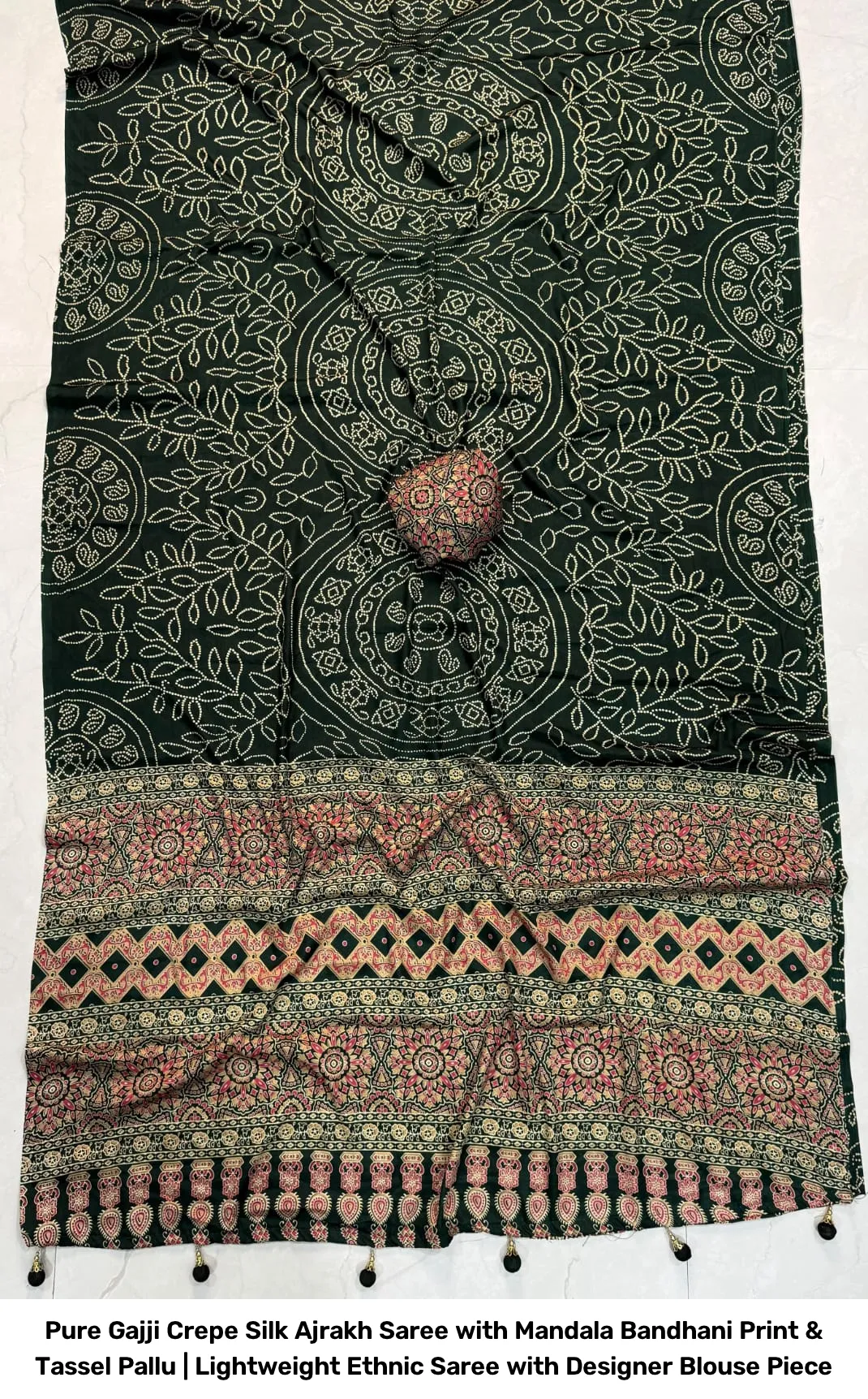 Pure Gajji Crepe Silk Ajrakh Saree with Mandala Bandhani Print & Tassel Pallu | Lightweight Ethnic Saree with Designer Blouse Piece 7
