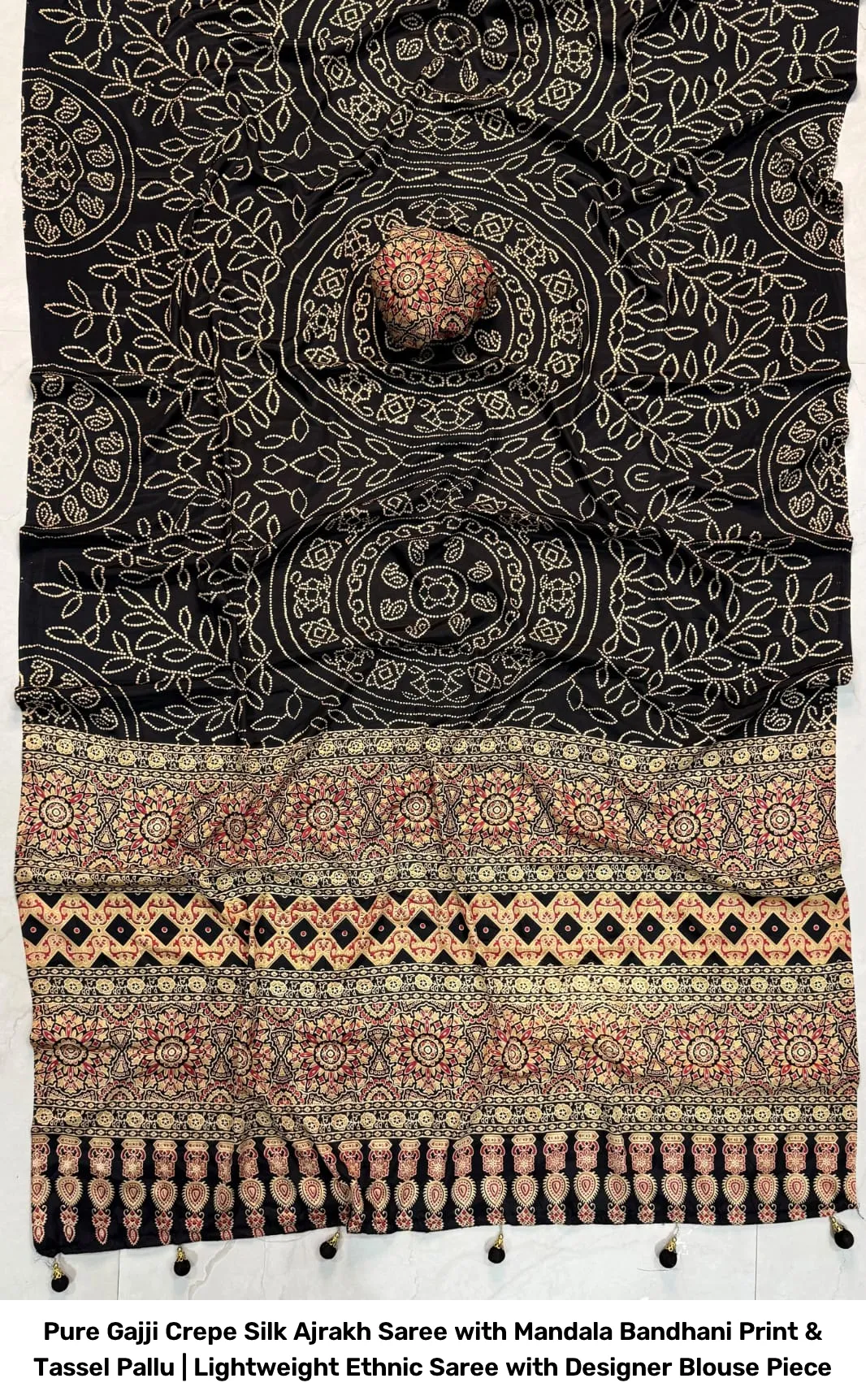Pure Gajji Crepe Silk Ajrakh Saree with Mandala Bandhani Print & Tassel Pallu | Lightweight Ethnic Saree with Designer Blouse Piece 8