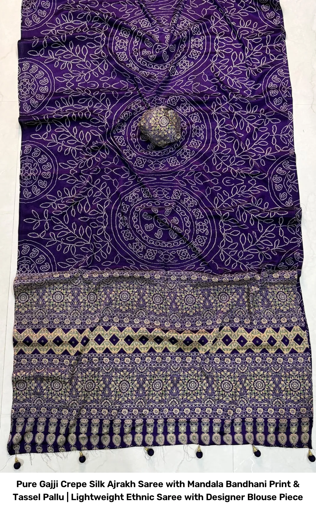 Pure Gajji Crepe Silk Ajrakh Saree with Mandala Bandhani Print & Tassel Pallu | Lightweight Ethnic Saree with Designer Blouse Piece 9
