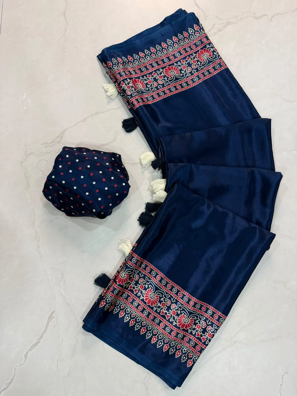 Pure Gajji Silk Ajrakh Print Saree with Designer Border & Tassels | Lightweight Crepe Silk Saree with Polka Dot Blouse Piece
