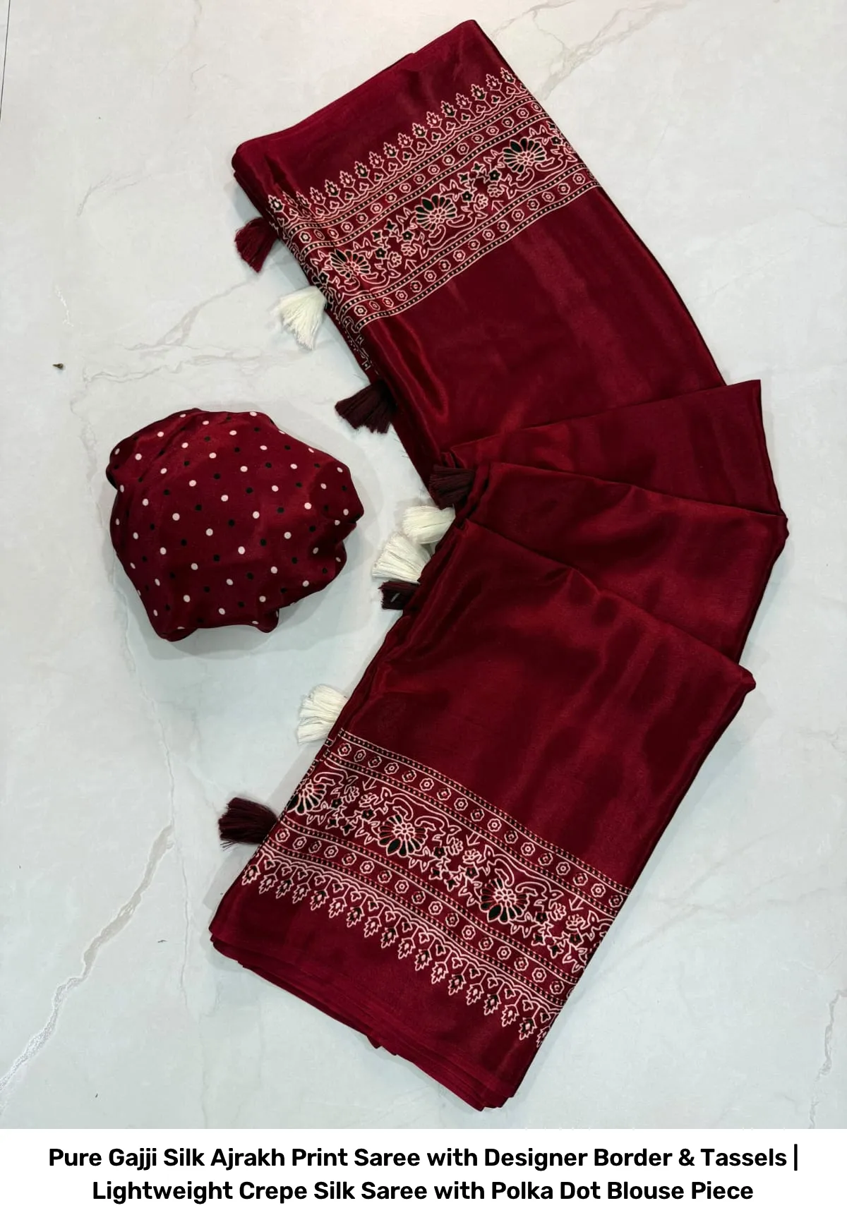 Pure Gajji Silk Ajrakh Print Saree with Designer Border & Tassels | Lightweight Crepe Silk Saree with Polka Dot Blouse Piece 2