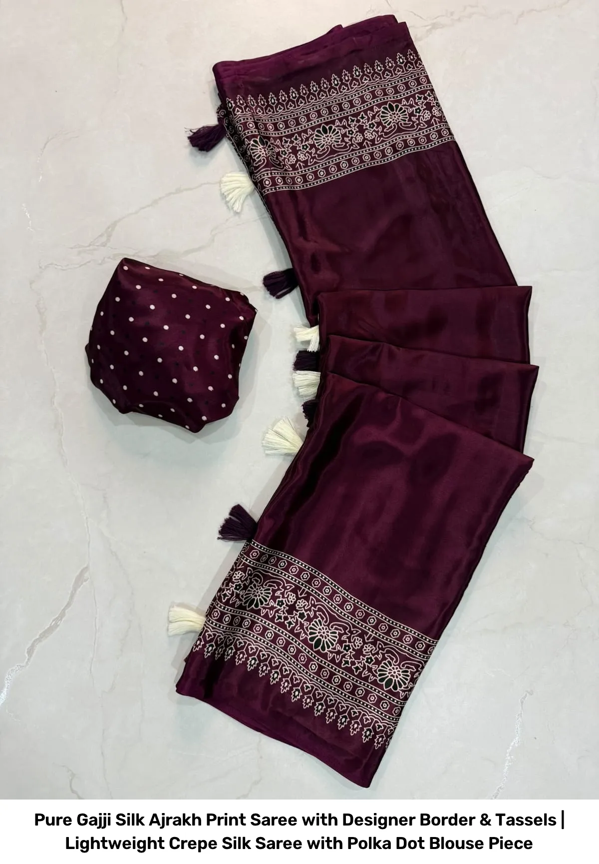 Pure Gajji Silk Ajrakh Print Saree with Designer Border & Tassels | Lightweight Crepe Silk Saree with Polka Dot Blouse Piece 3