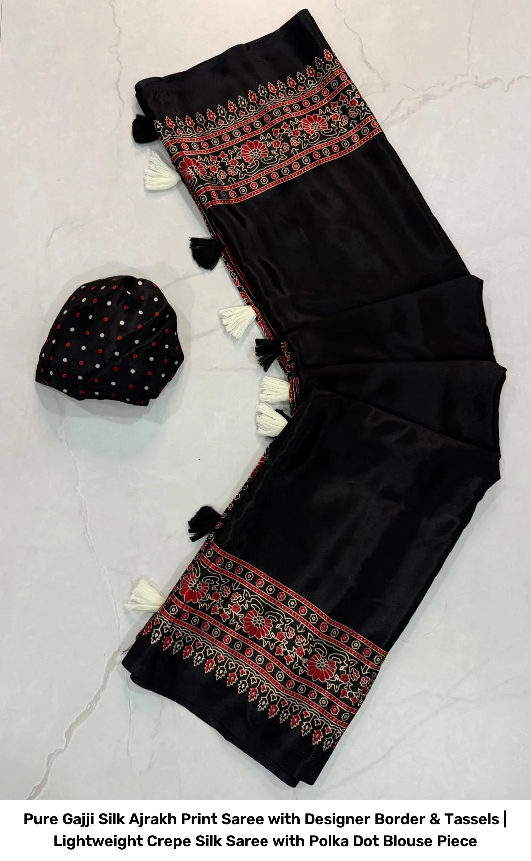 Pure Gajji Silk Ajrakh Print Saree with Designer Border & Tassels | Lightweight Crepe Silk Saree with Polka Dot Blouse Piece 4