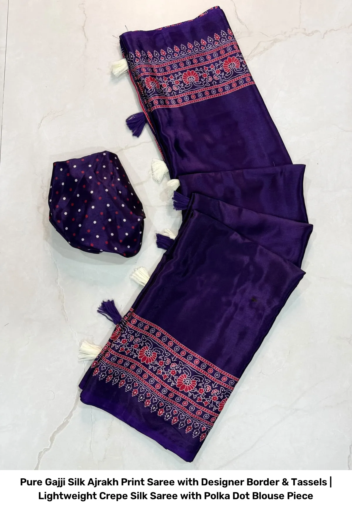 Pure Gajji Silk Ajrakh Print Saree with Designer Border & Tassels | Lightweight Crepe Silk Saree with Polka Dot Blouse Piece 5