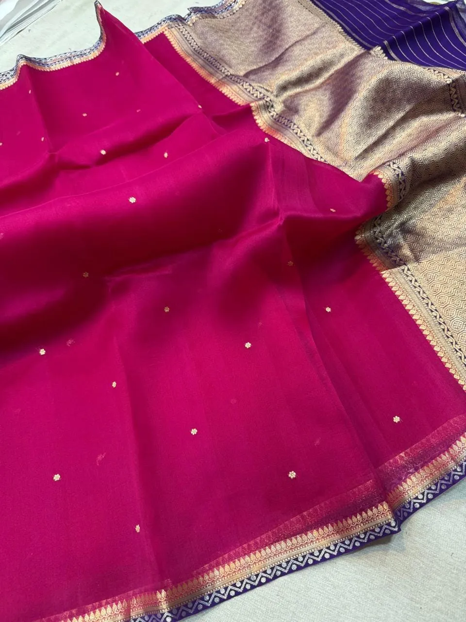 Pure Handloom Banarasi Kora Organza Silk Saree with Silk Mark | Lightweight Zari Weaving Small Border Festive Saree