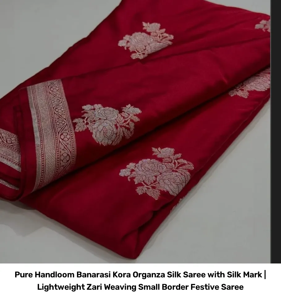 Pure Handloom Banarasi Kora Organza Silk Saree with Silk Mark | Lightweight Zari Weaving Small Border Festive Saree 3
