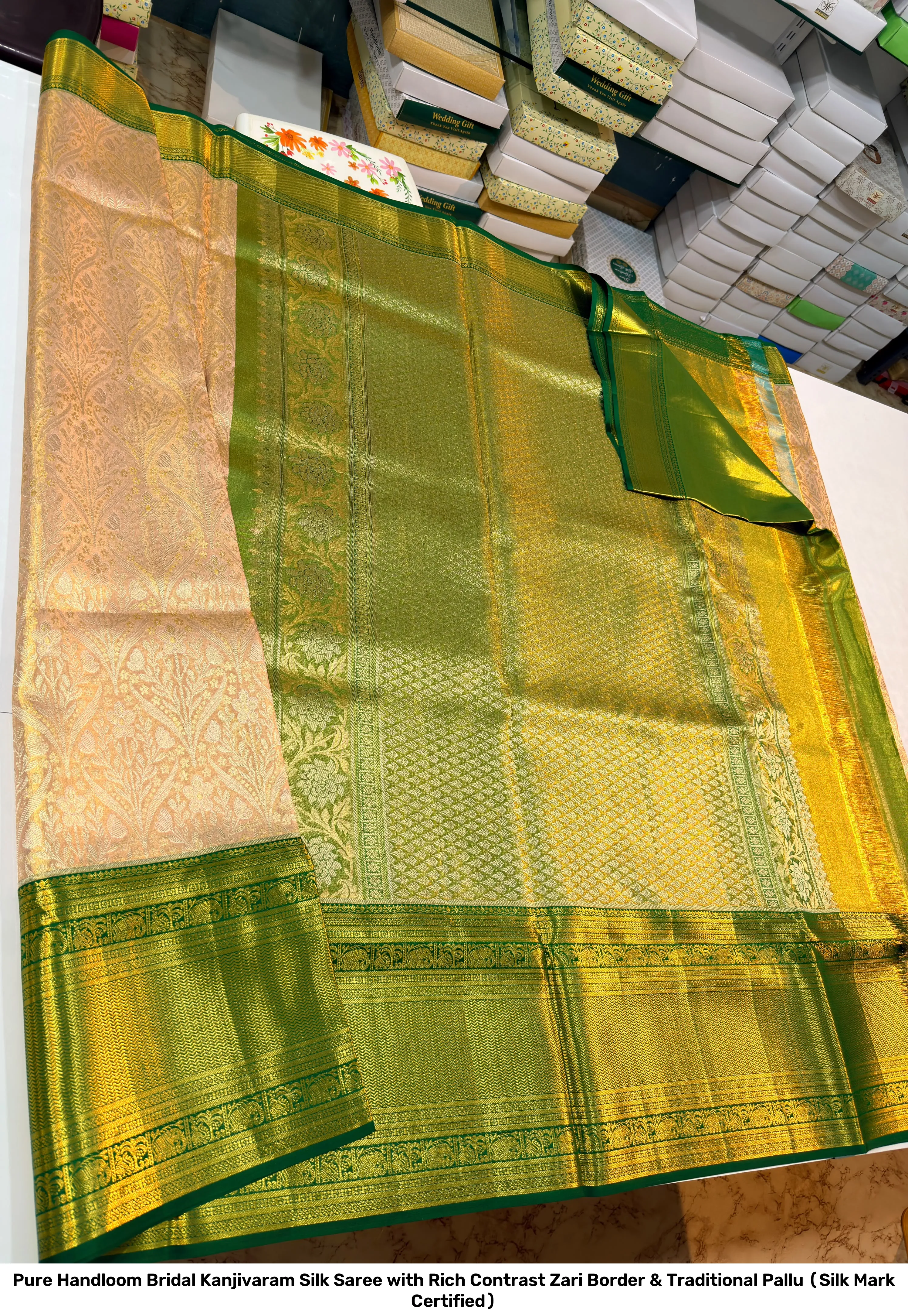 Pure Handloom Bridal Kanjivaram Silk Saree with Rich Contrast Zari Border & Traditional Pallu (Silk Mark Certified) 3