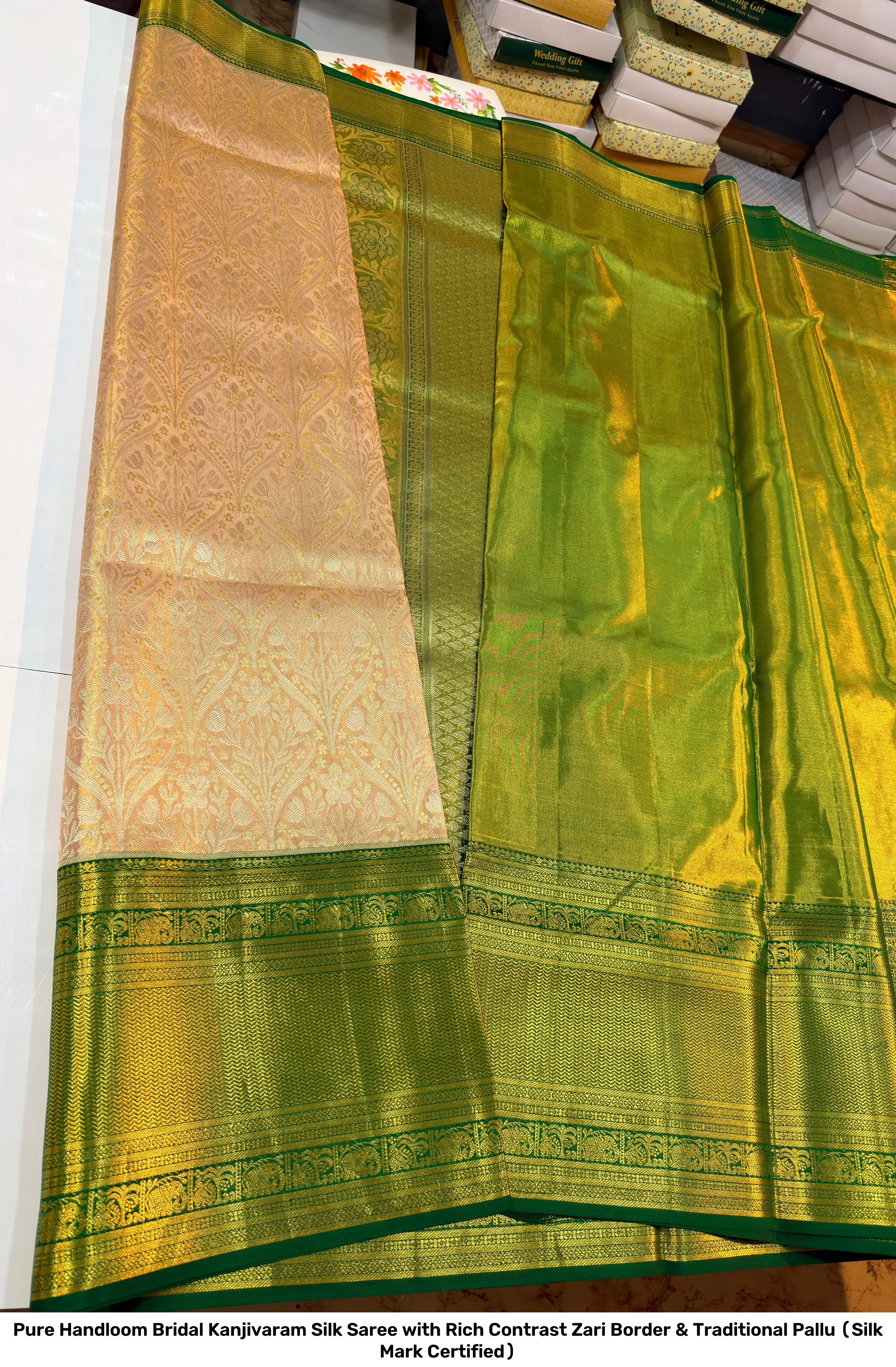 Pure Handloom Bridal Kanjivaram Silk Saree with Rich Contrast Zari Border & Traditional Pallu (Silk Mark Certified) 5