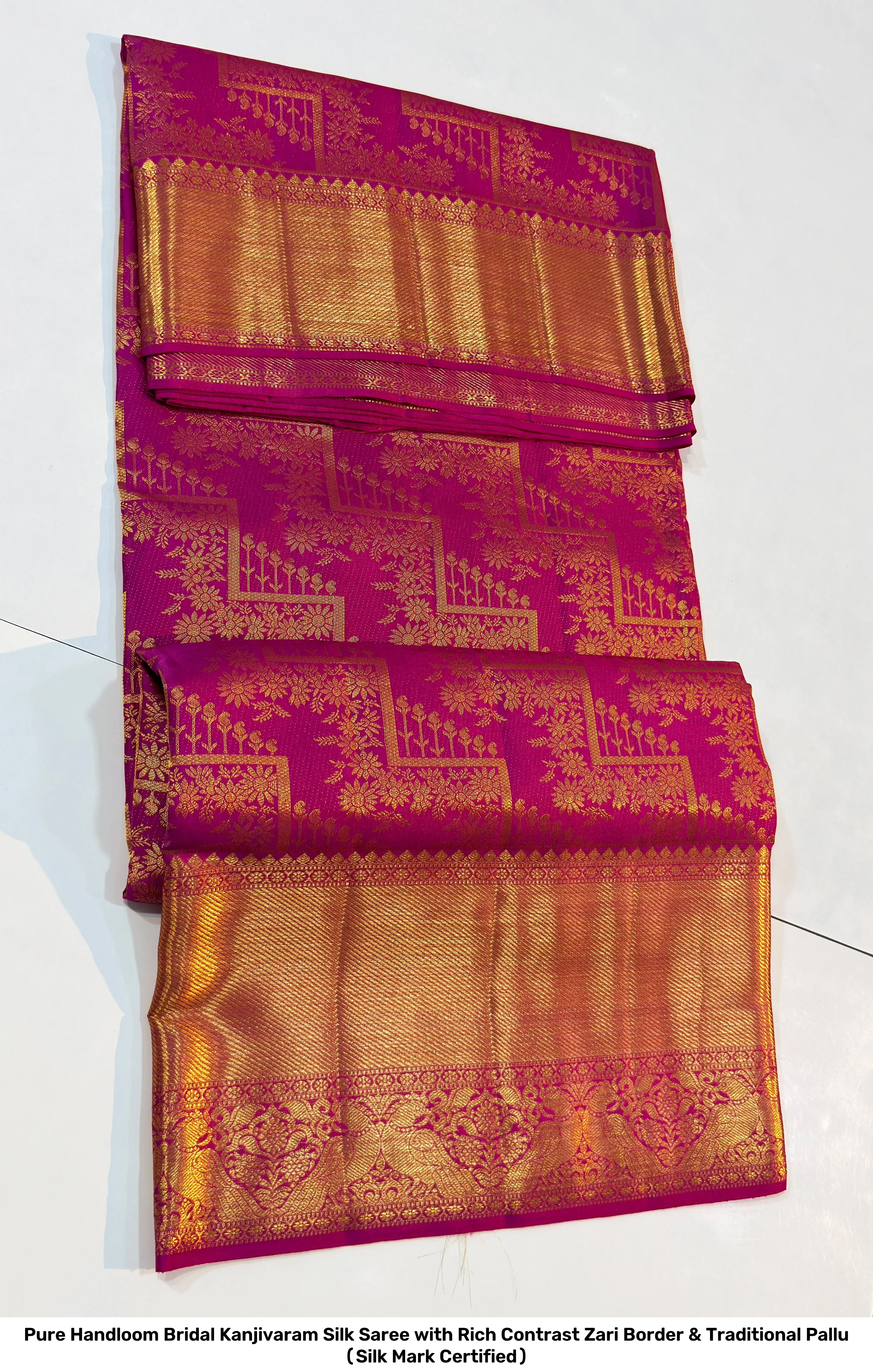 Pure Handloom Bridal Kanjivaram Silk Saree with Rich Contrast Zari Border & Traditional Pallu (Silk Mark Certified) 6