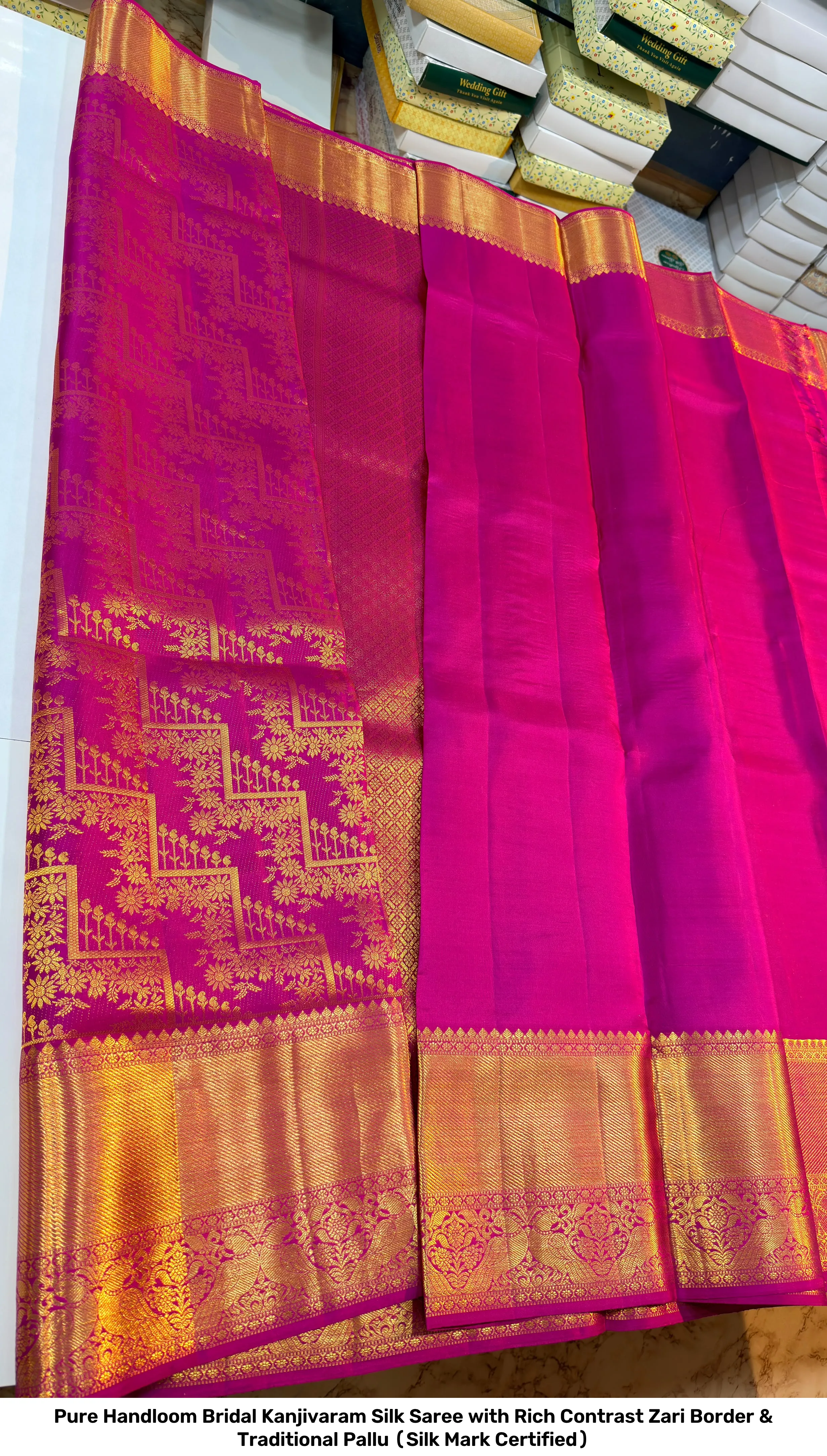 Pure Handloom Bridal Kanjivaram Silk Saree with Rich Contrast Zari Border & Traditional Pallu (Silk Mark Certified) 7