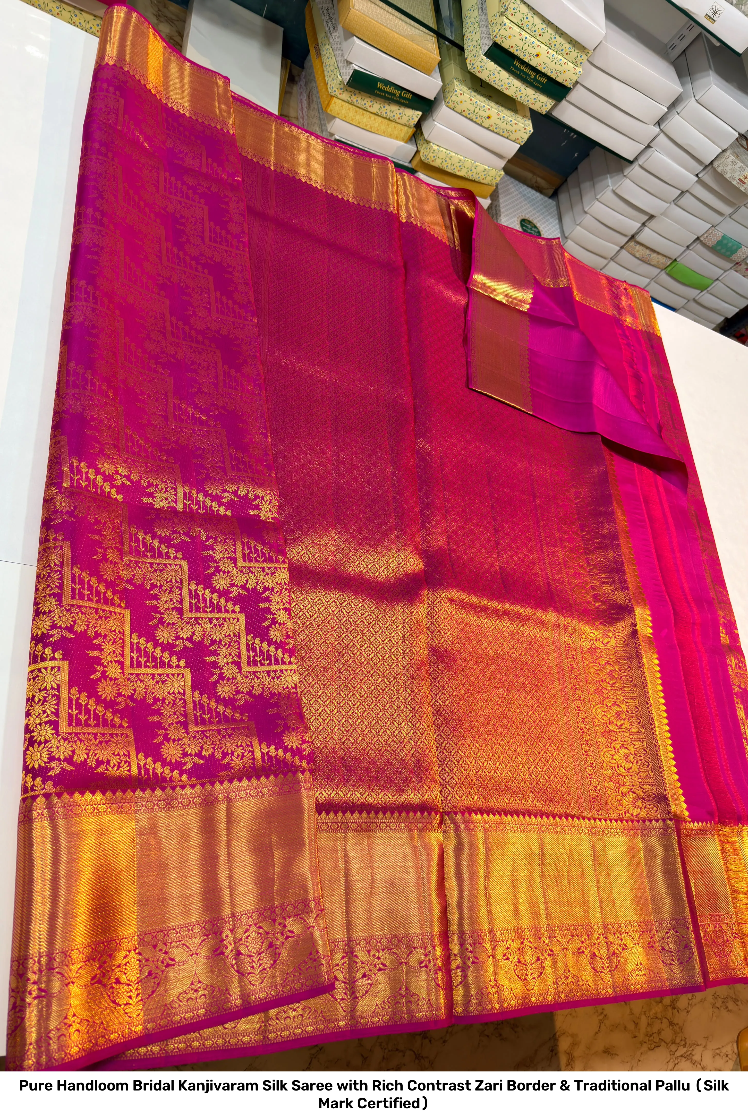 Pure Handloom Bridal Kanjivaram Silk Saree with Rich Contrast Zari Border & Traditional Pallu (Silk Mark Certified) 8