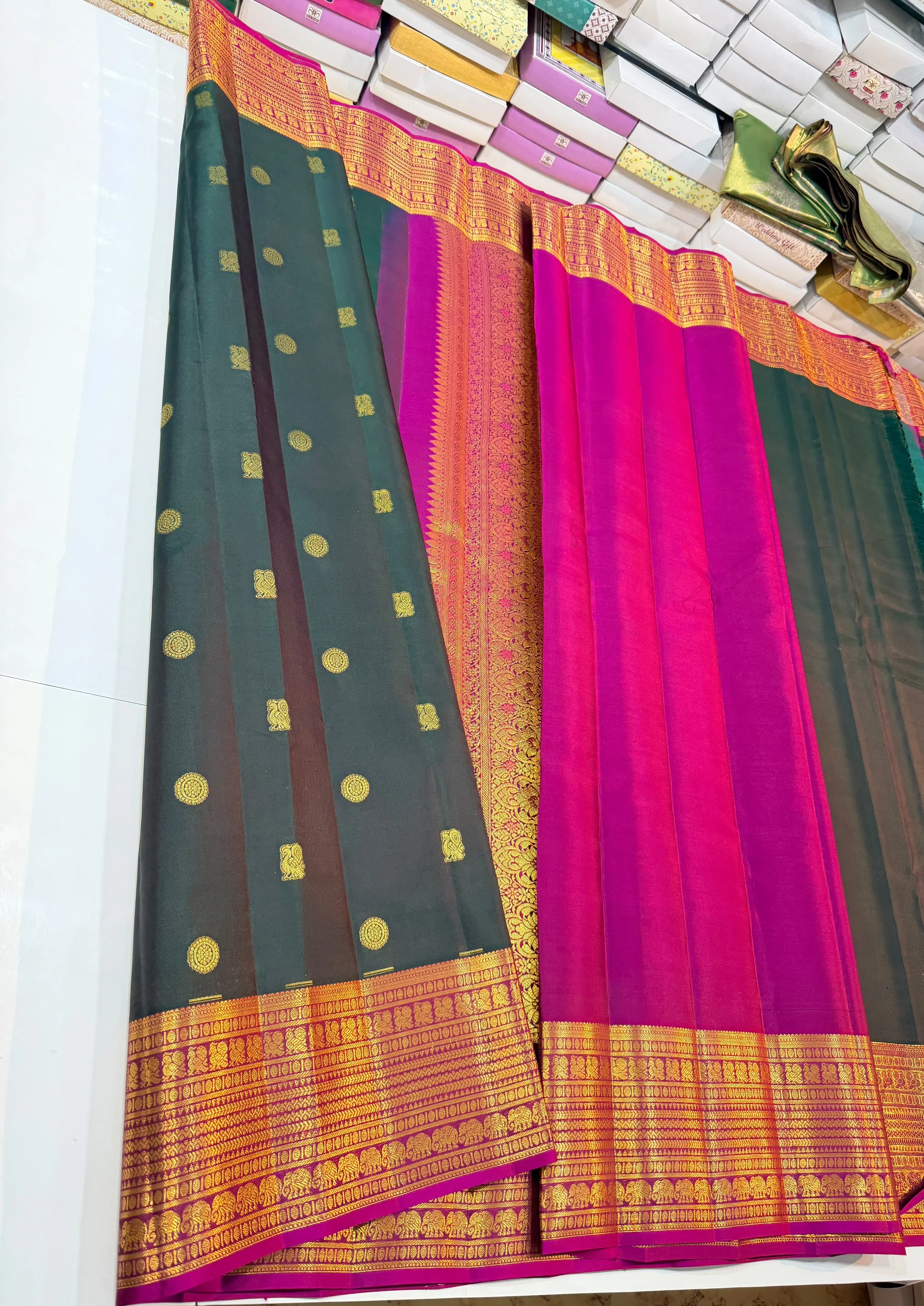 Pure Handloom Bridal Silk Saree in Bottle Green & Pink – Silk Mark Certified