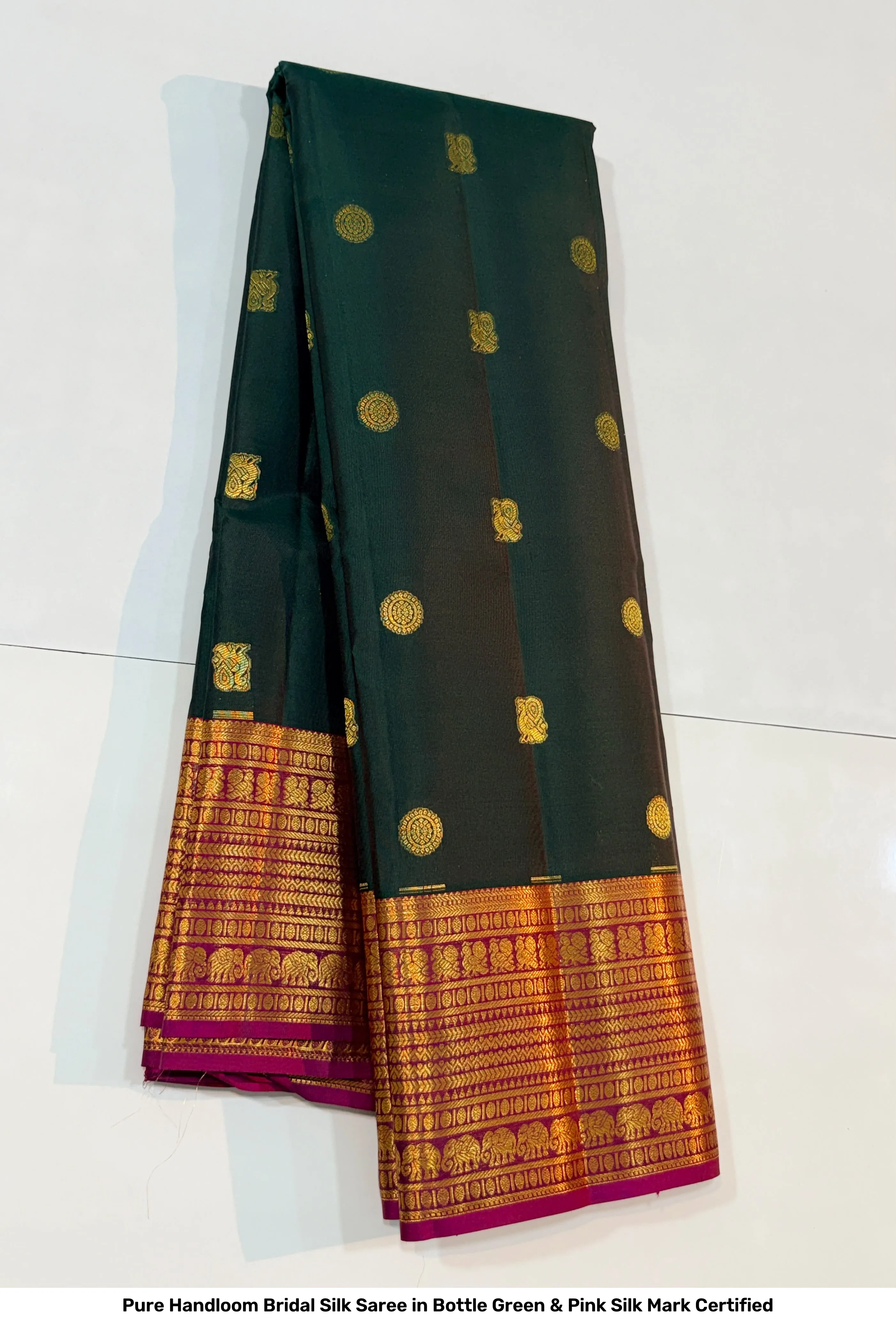 Pure Handloom Bridal Silk Saree in Bottle Green & Pink – Silk Mark Certified 2