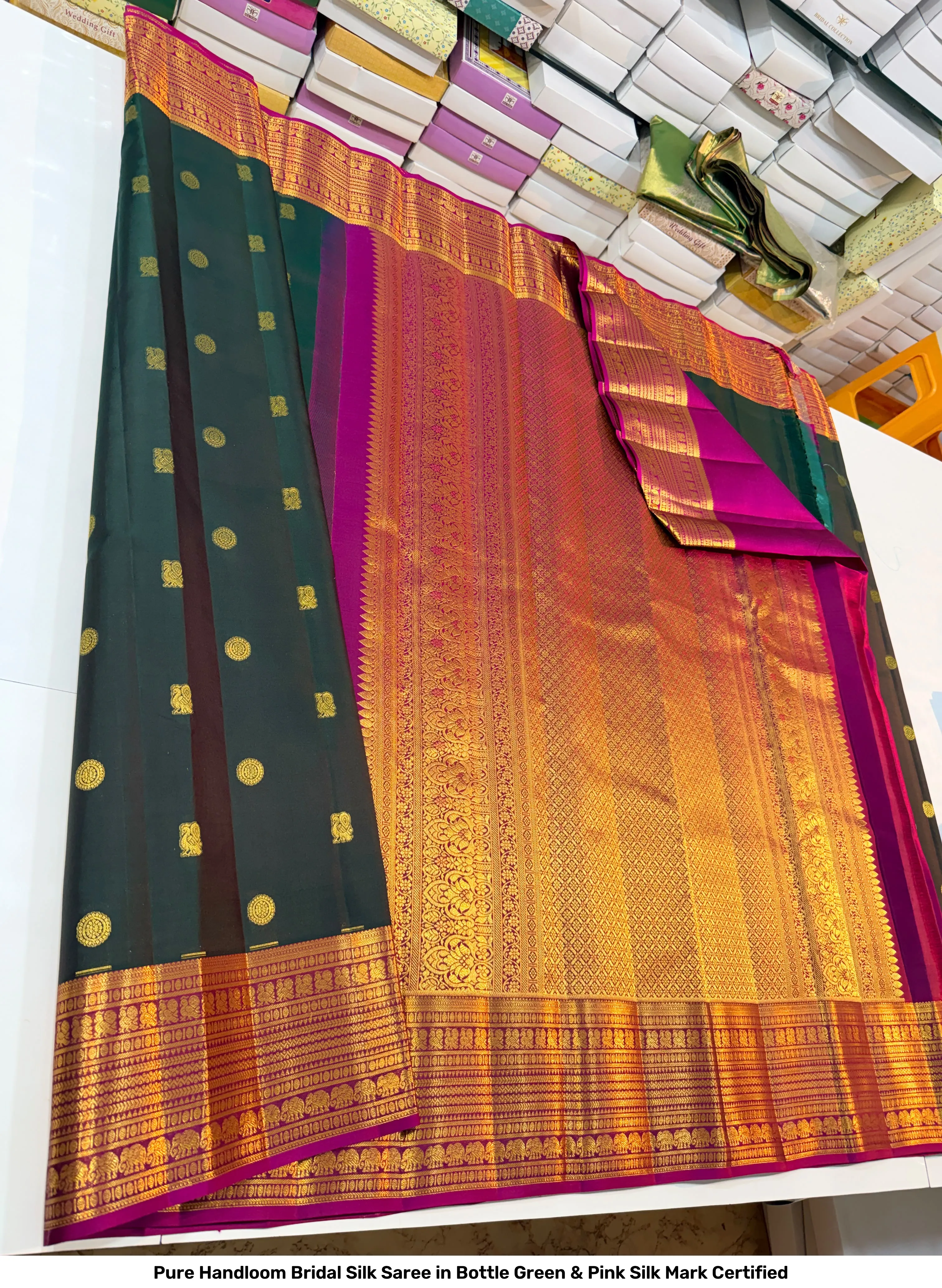 Pure Handloom Bridal Silk Saree in Bottle Green & Pink – Silk Mark Certified 3