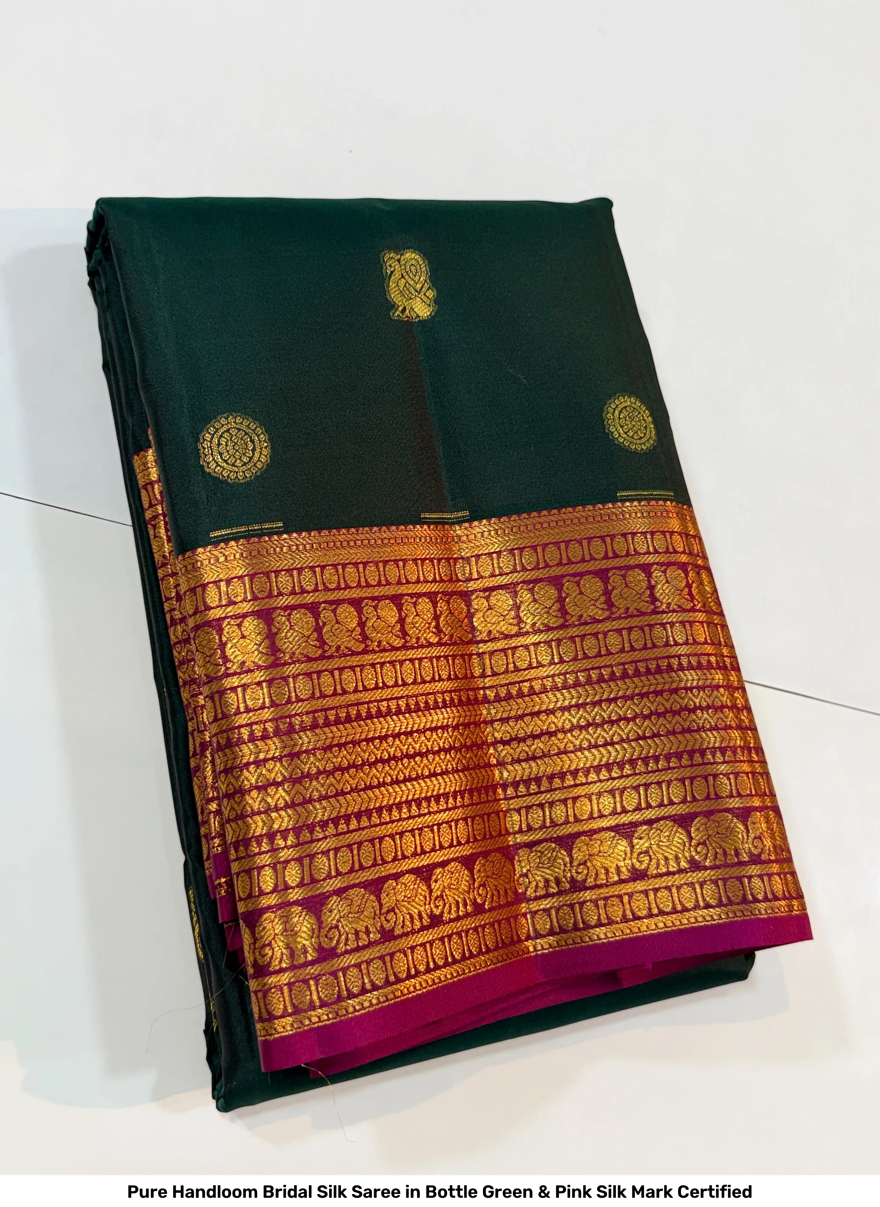 Pure Handloom Bridal Silk Saree in Bottle Green & Pink – Silk Mark Certified 4