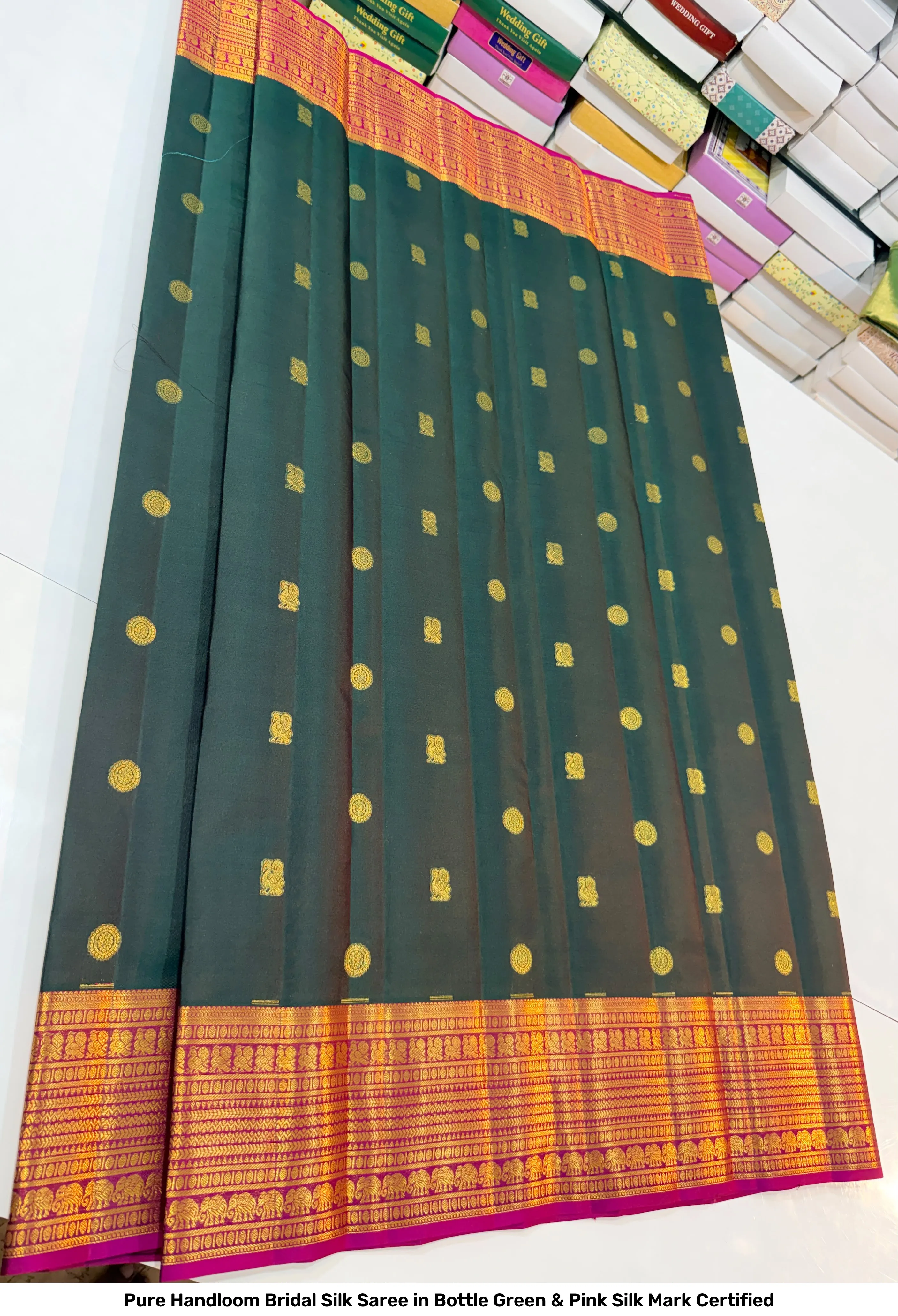 Pure Handloom Bridal Silk Saree in Bottle Green & Pink – Silk Mark Certified 5