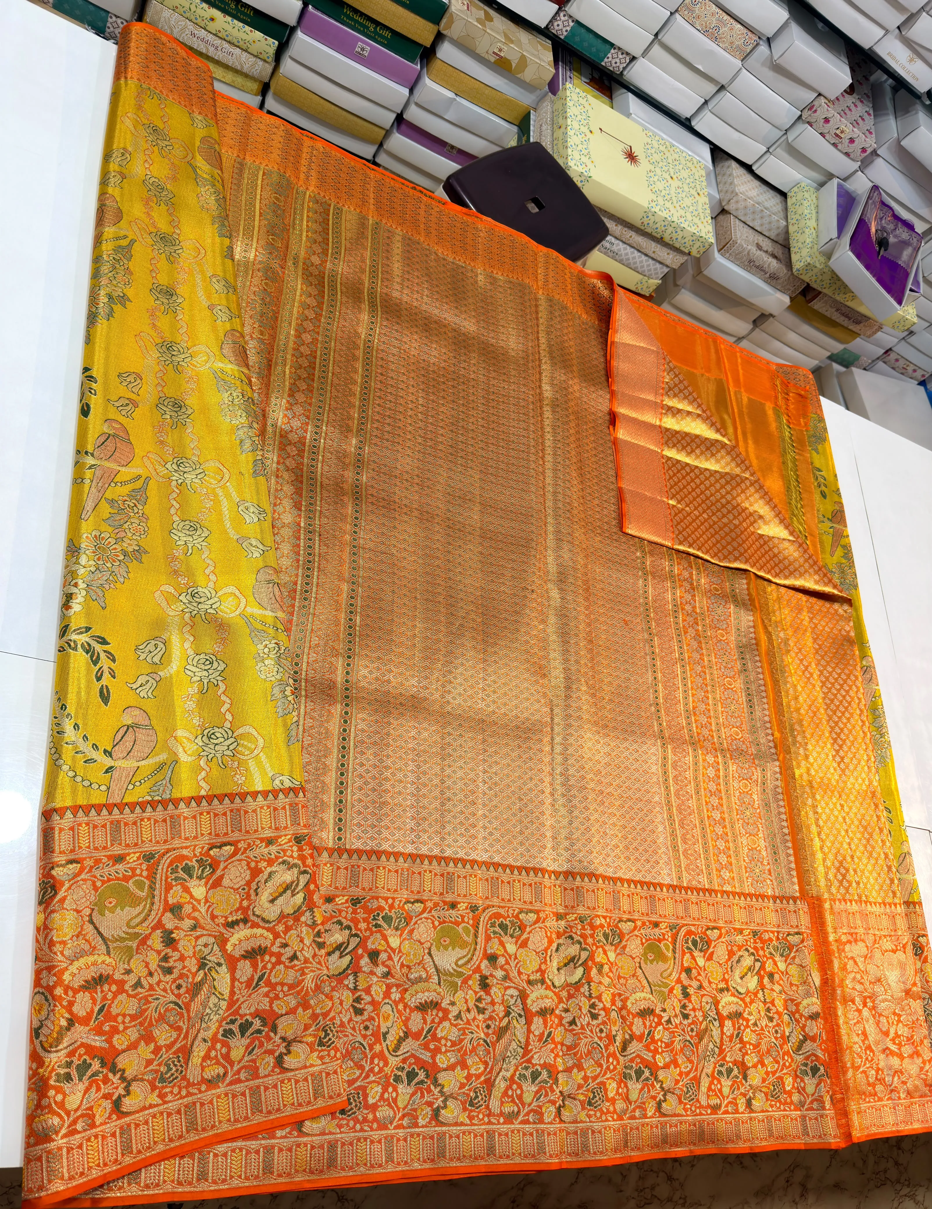 Pure Handloom Bridal Silk Saree in Mustard Yellow & Contrast Orange Floral Border – Silk Mark Certified