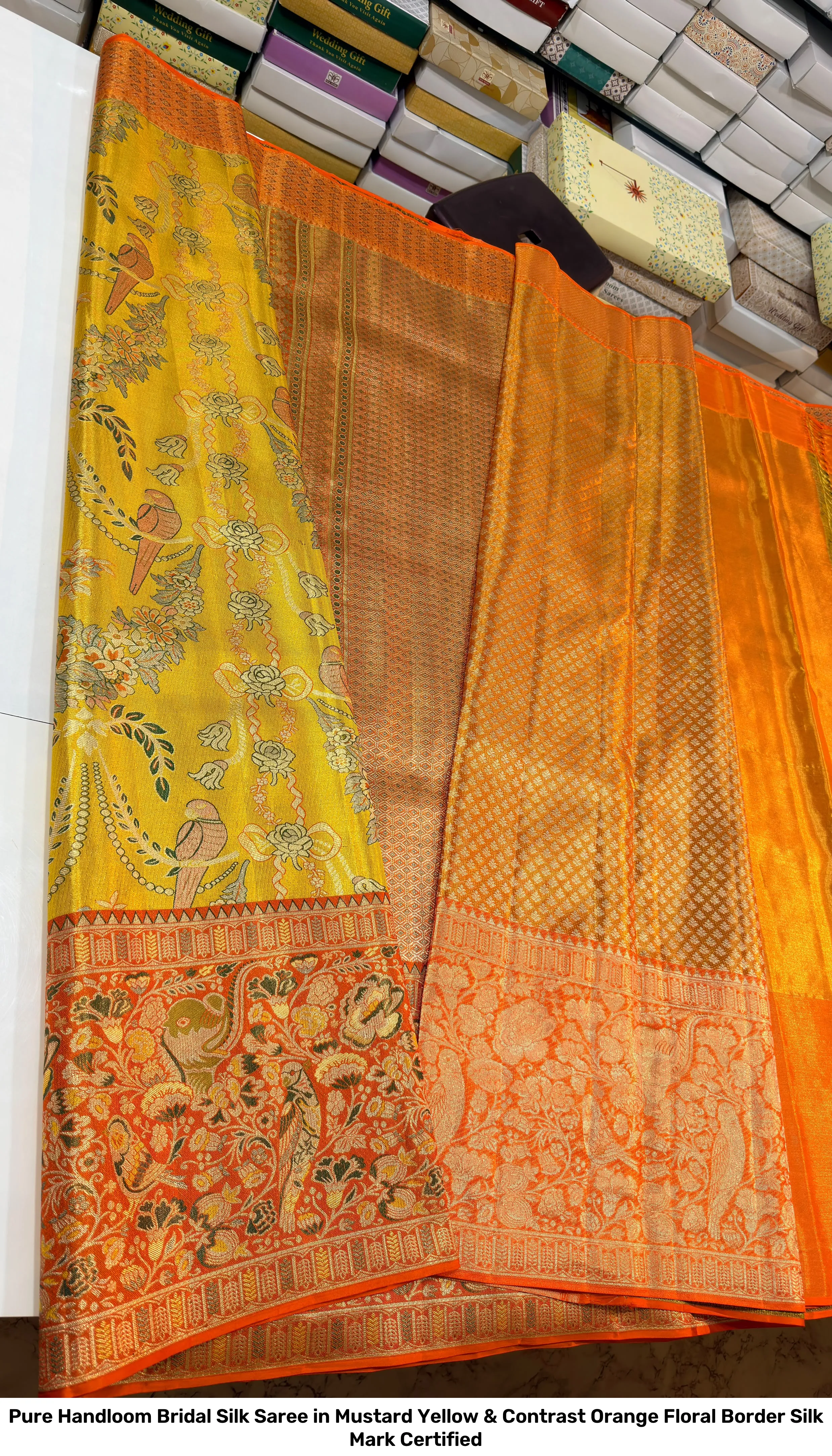 Pure Handloom Bridal Silk Saree in Mustard Yellow & Contrast Orange Floral Border – Silk Mark Certified 2