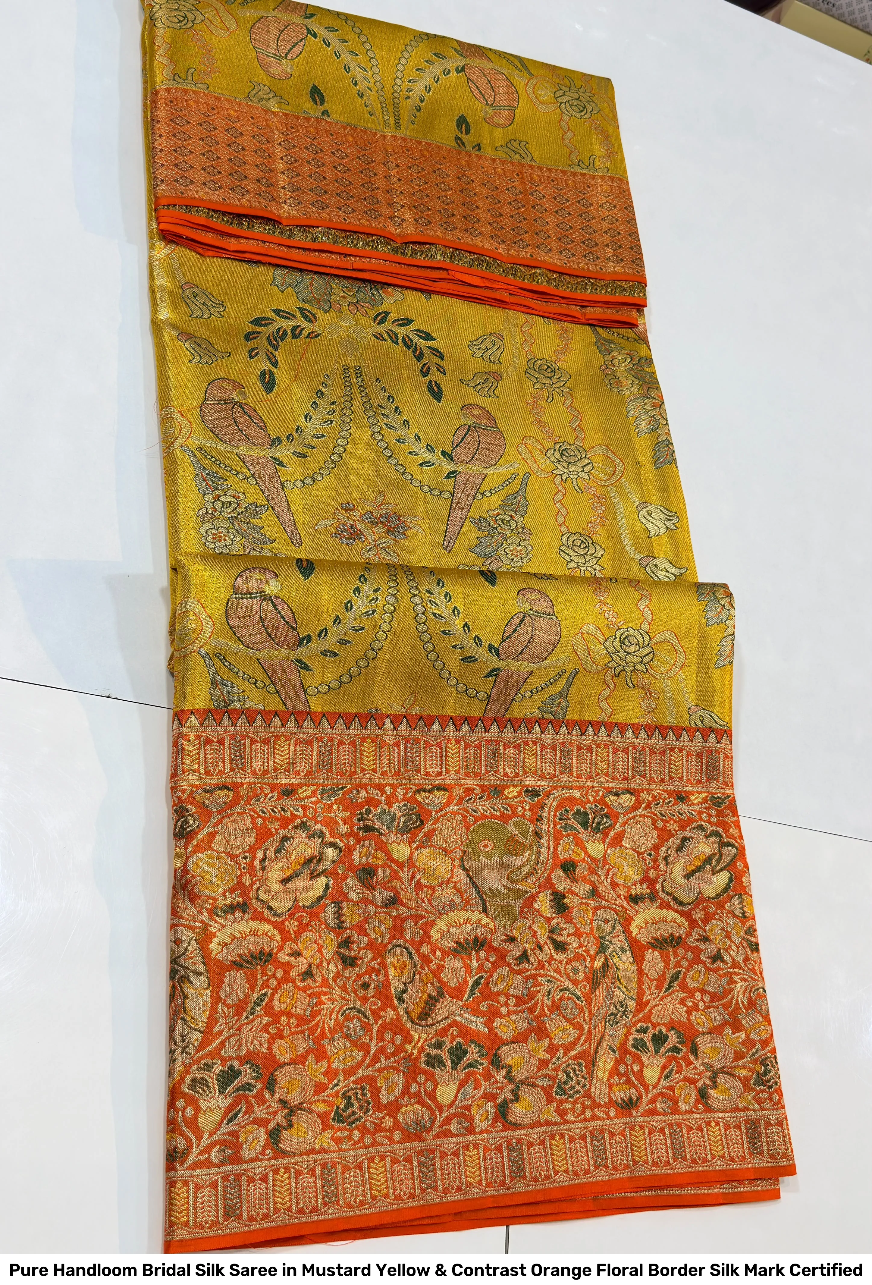 Pure Handloom Bridal Silk Saree in Mustard Yellow & Contrast Orange Floral Border – Silk Mark Certified 4