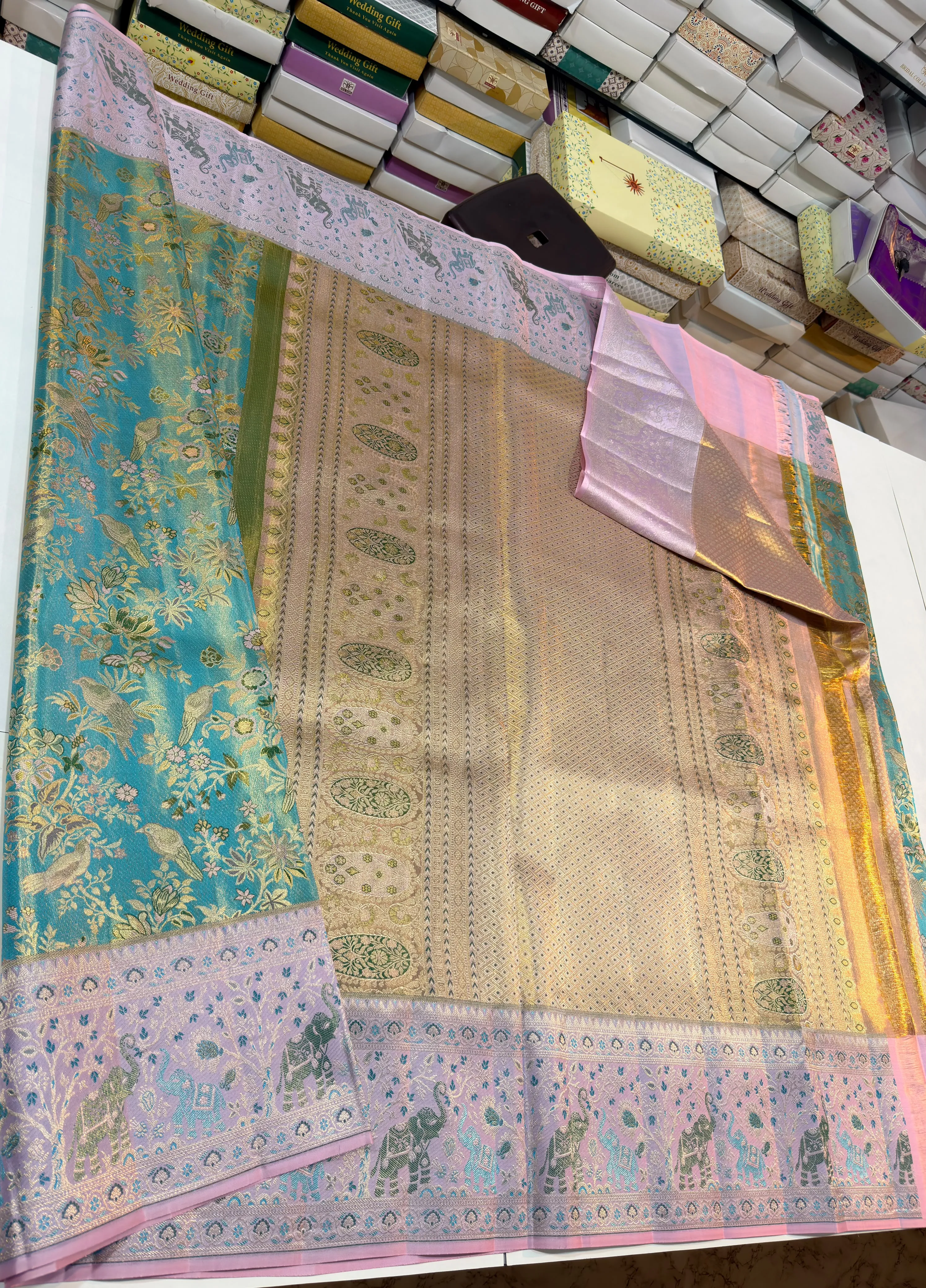Pure Handloom Bridal Silk Saree in Pastel Teal Blue & Lavender Elephant Motifs – Silk Mark Certified