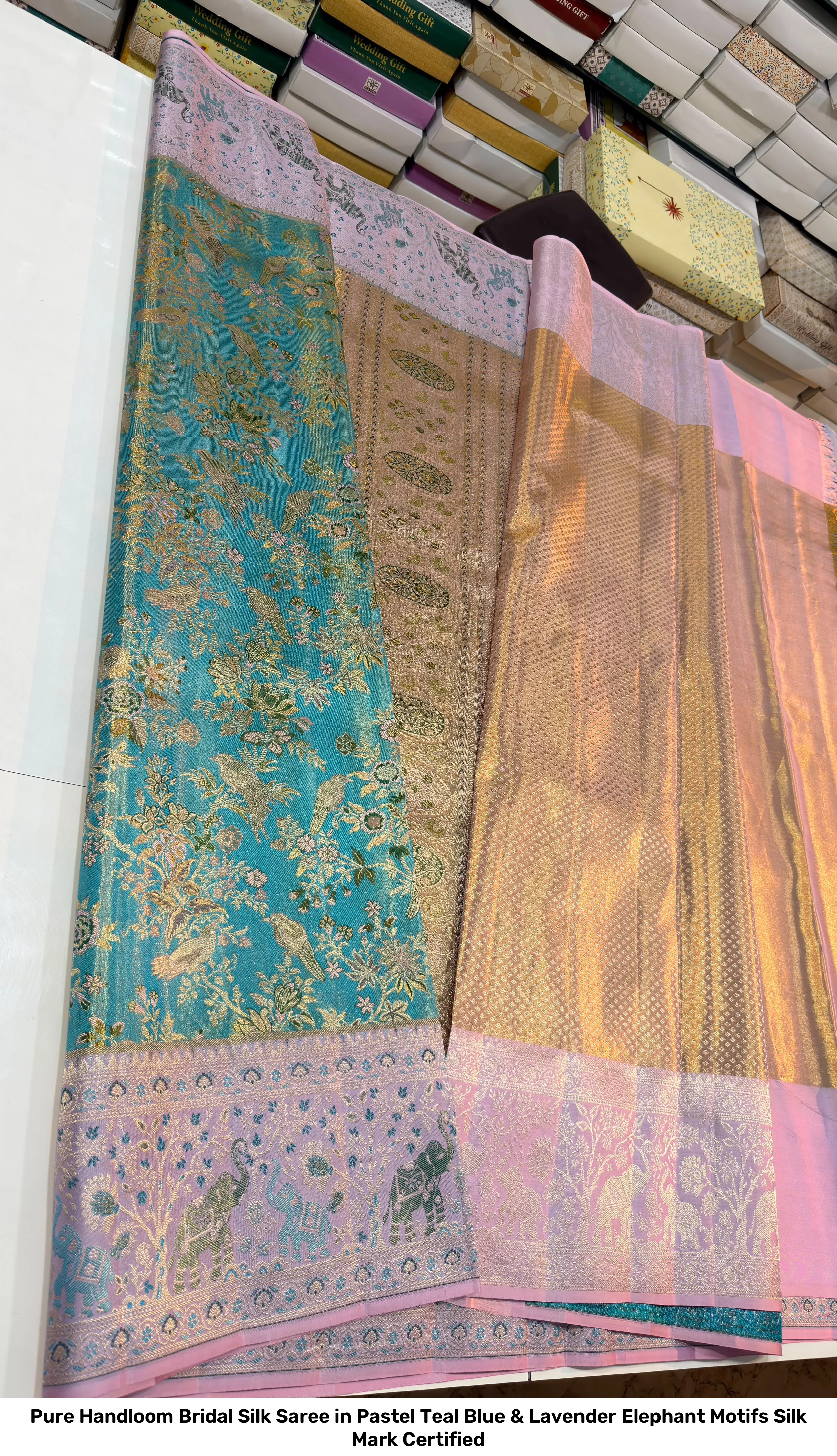 Pure Handloom Bridal Silk Saree in Pastel Teal Blue & Lavender Elephant Motifs – Silk Mark Certified 2
