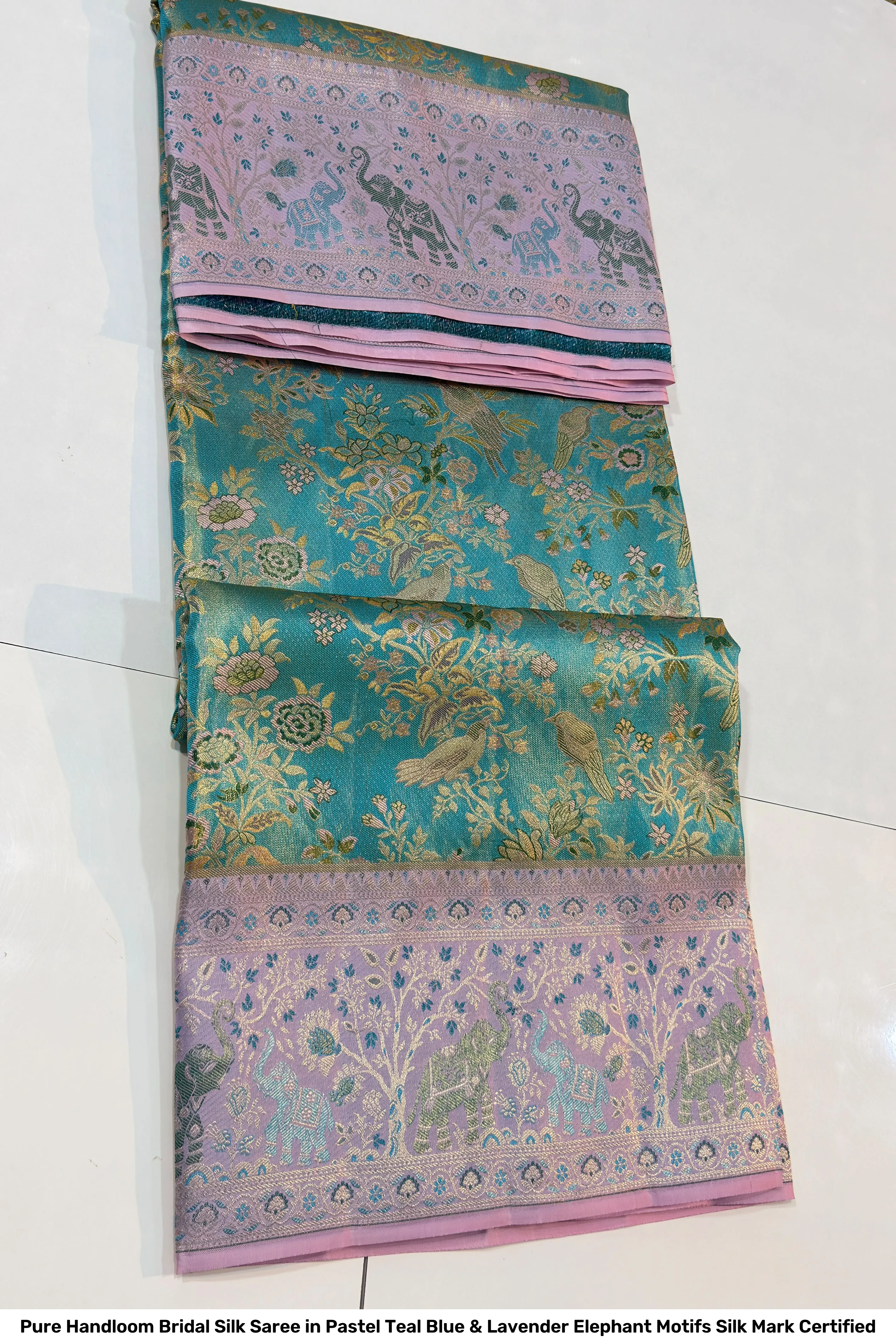 Pure Handloom Bridal Silk Saree in Pastel Teal Blue & Lavender Elephant Motifs – Silk Mark Certified 3