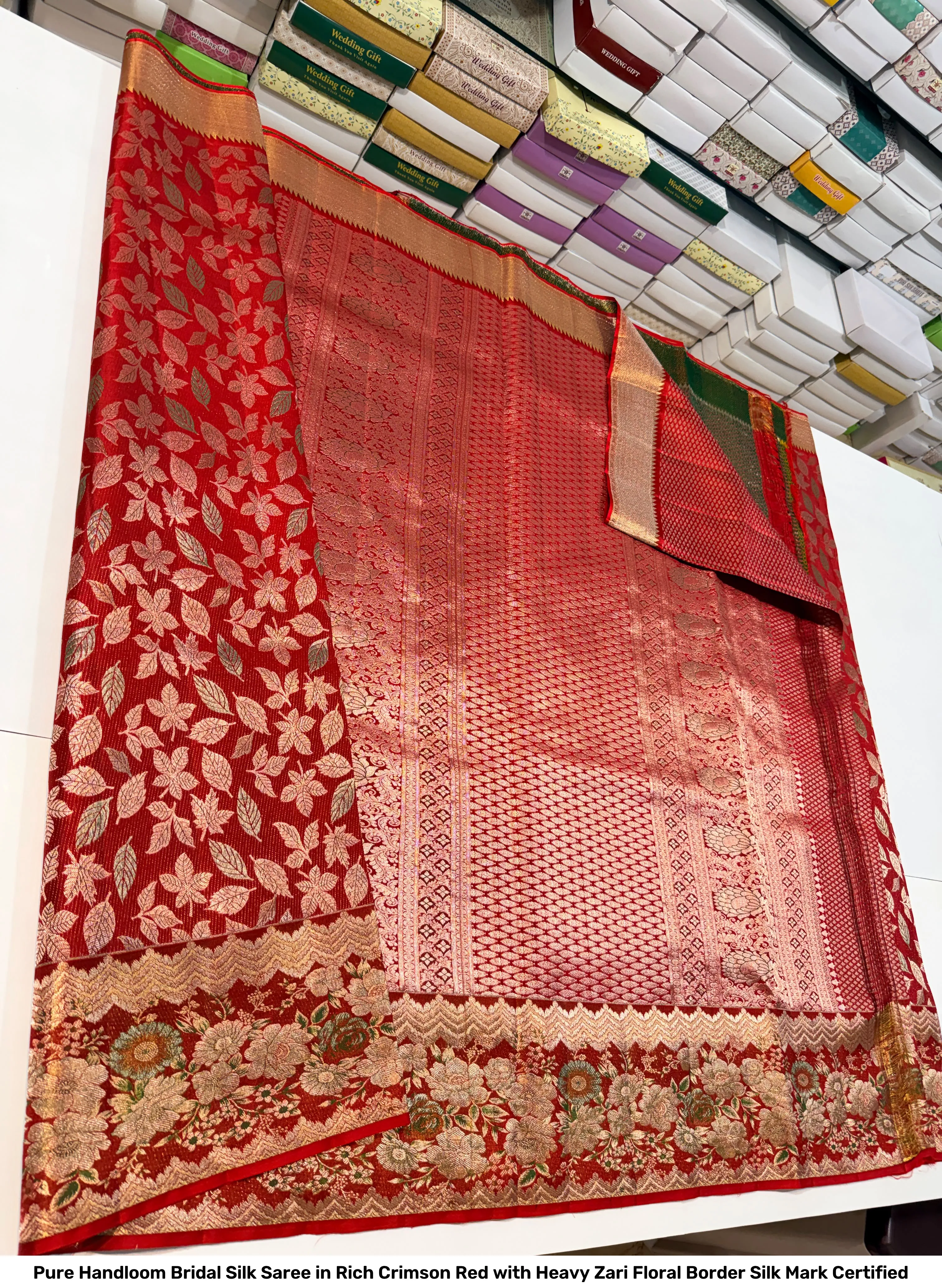 Pure Handloom Bridal Silk Saree in Rich Crimson Red with Heavy Zari Floral Border – Silk Mark Certified 2