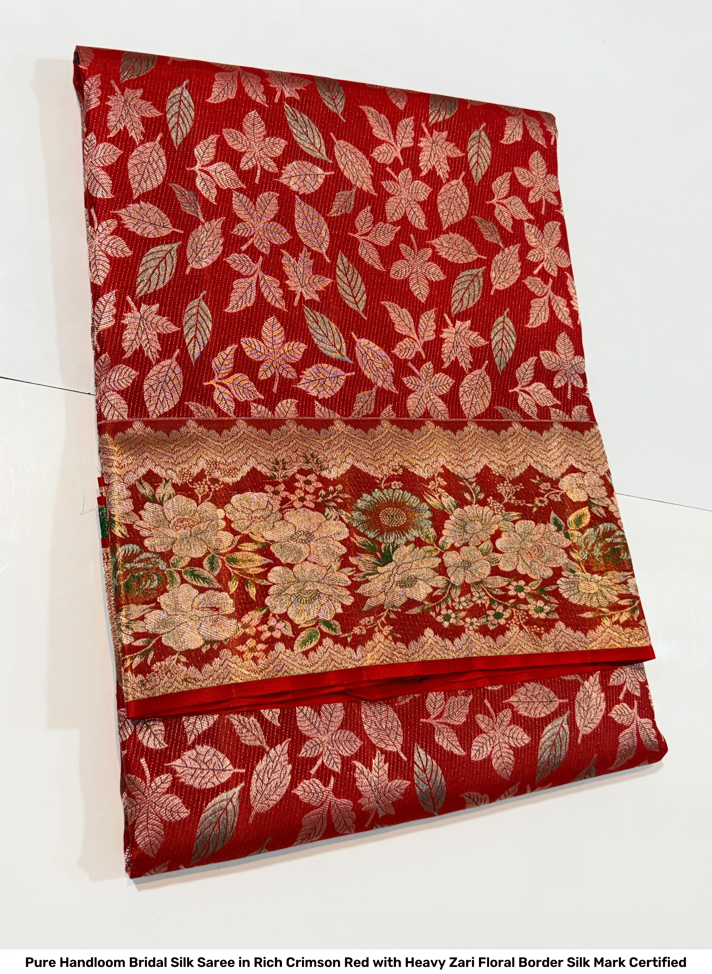 Pure Handloom Bridal Silk Saree in Rich Crimson Red with Heavy Zari Floral Border – Silk Mark Certified 3