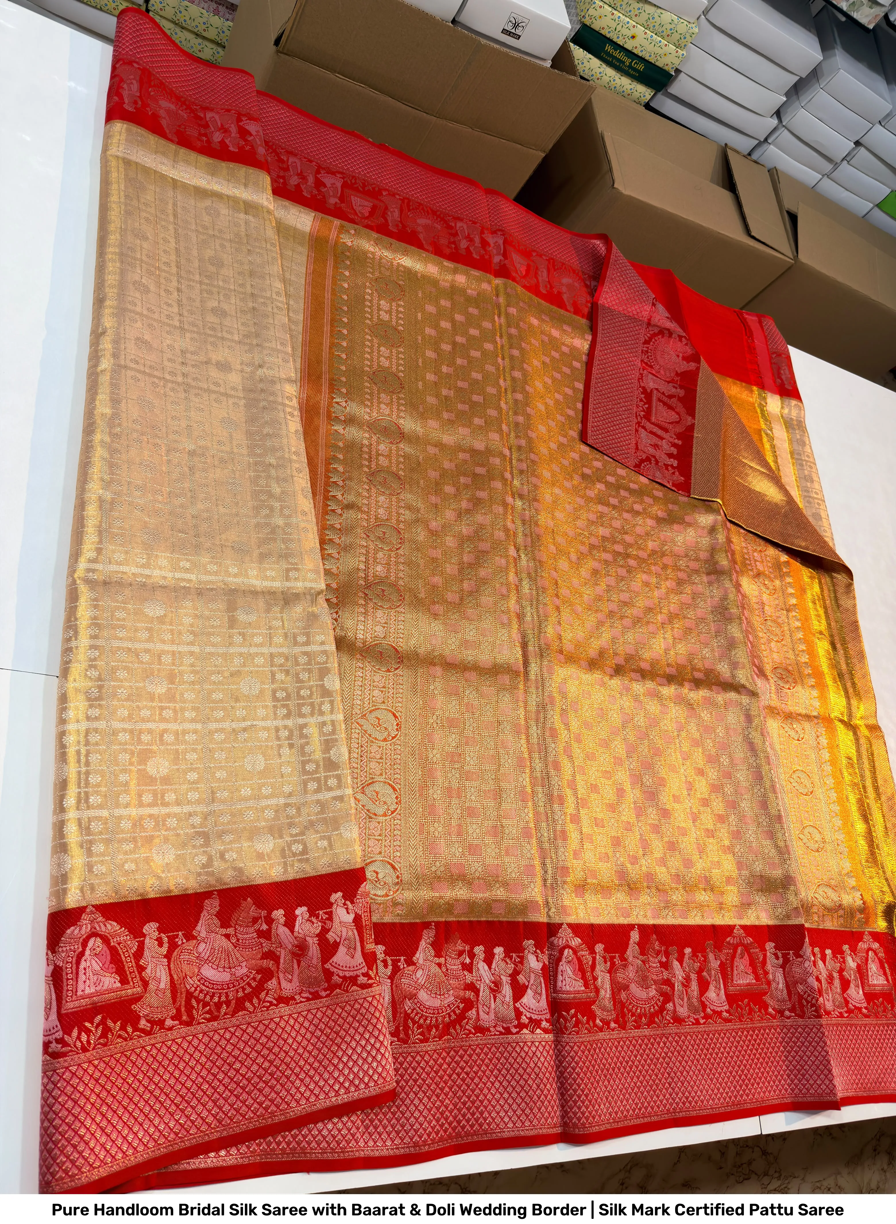 Pure Handloom Bridal Silk Saree with Baarat & Doli Wedding Border | Silk Mark Certified Pattu Saree 2