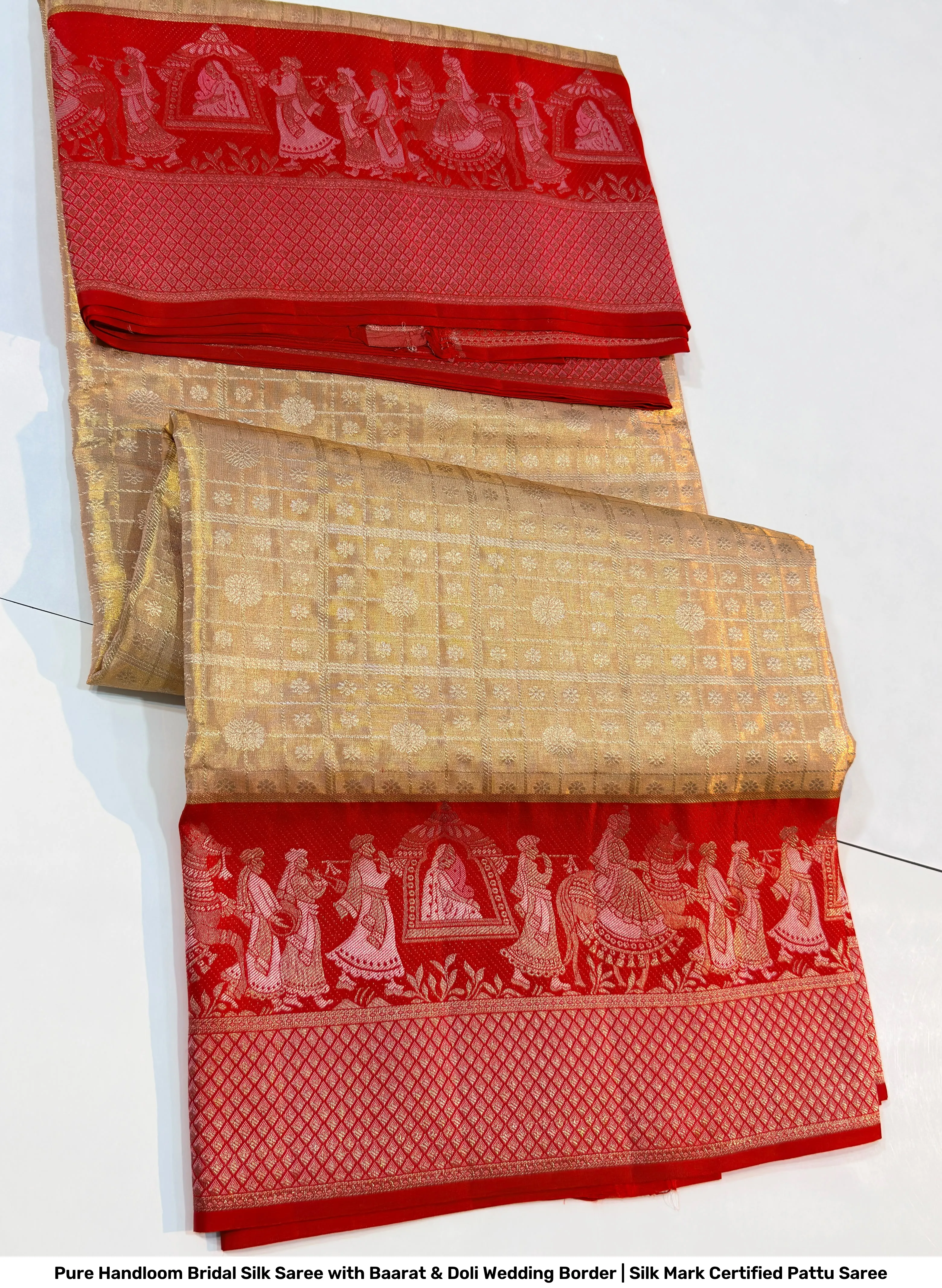 Pure Handloom Bridal Silk Saree with Baarat & Doli Wedding Border | Silk Mark Certified Pattu Saree 3