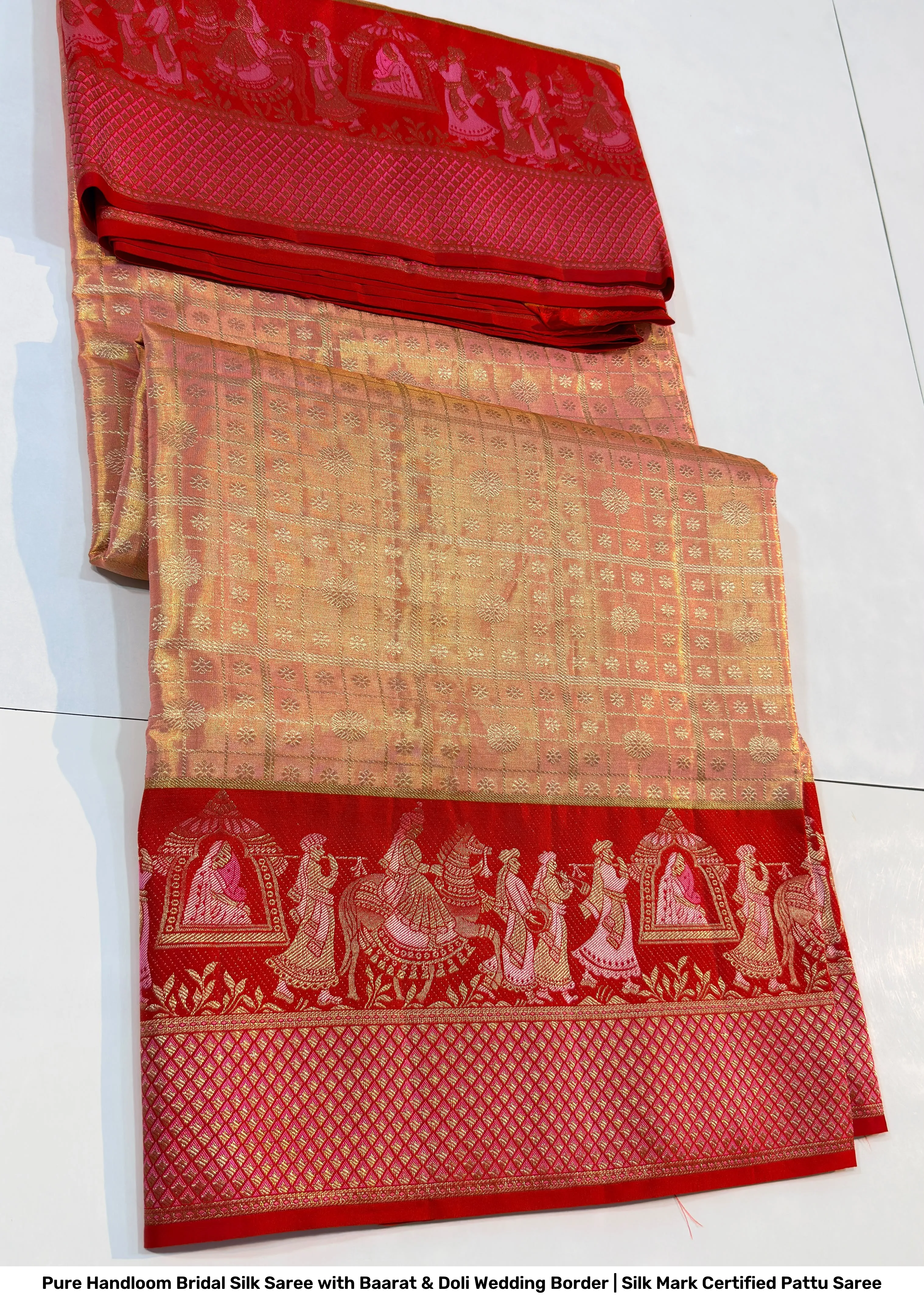 Pure Handloom Bridal Silk Saree with Baarat & Doli Wedding Border | Silk Mark Certified Pattu Saree 4