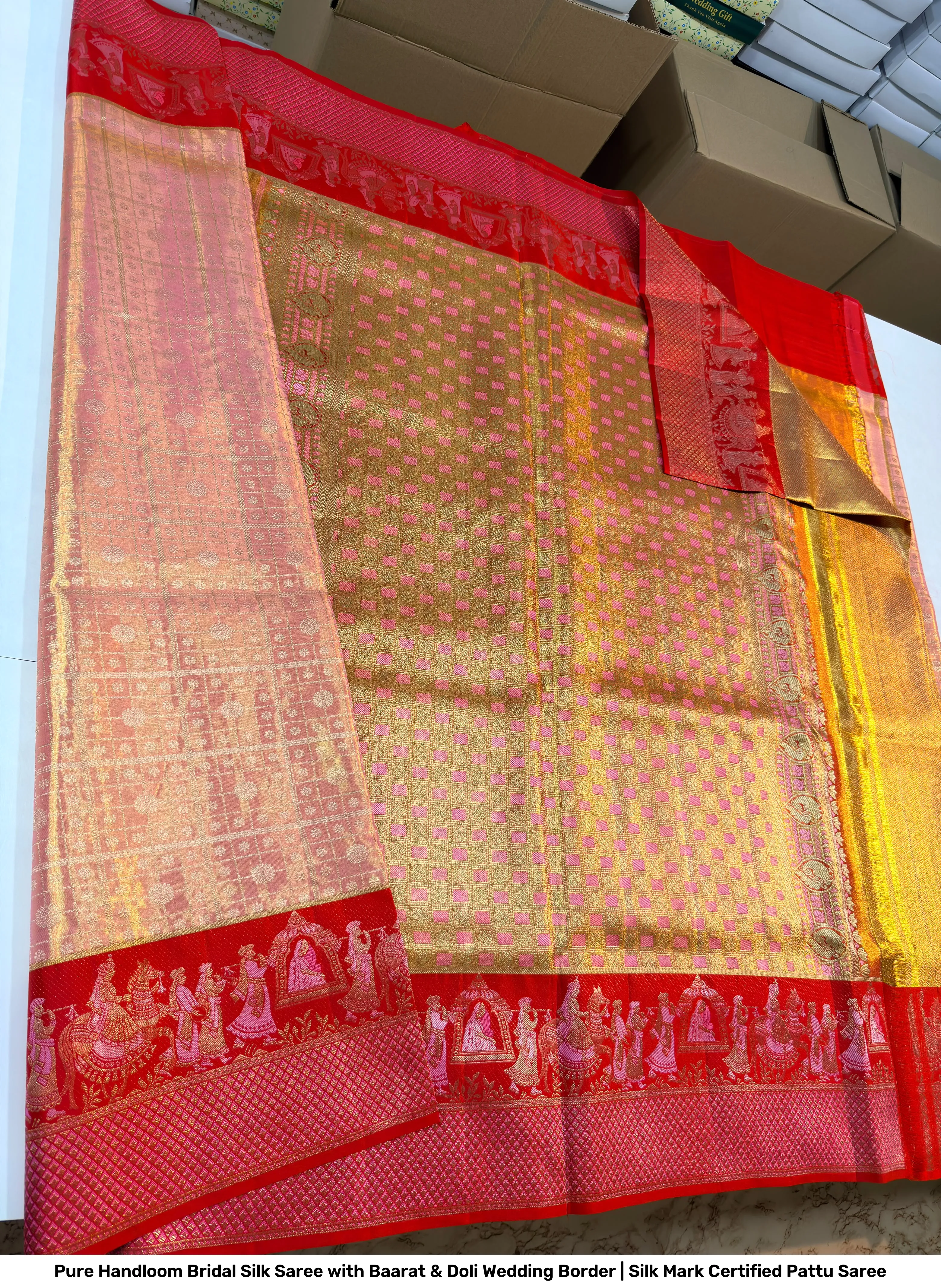 Pure Handloom Bridal Silk Saree with Baarat & Doli Wedding Border | Silk Mark Certified Pattu Saree 6